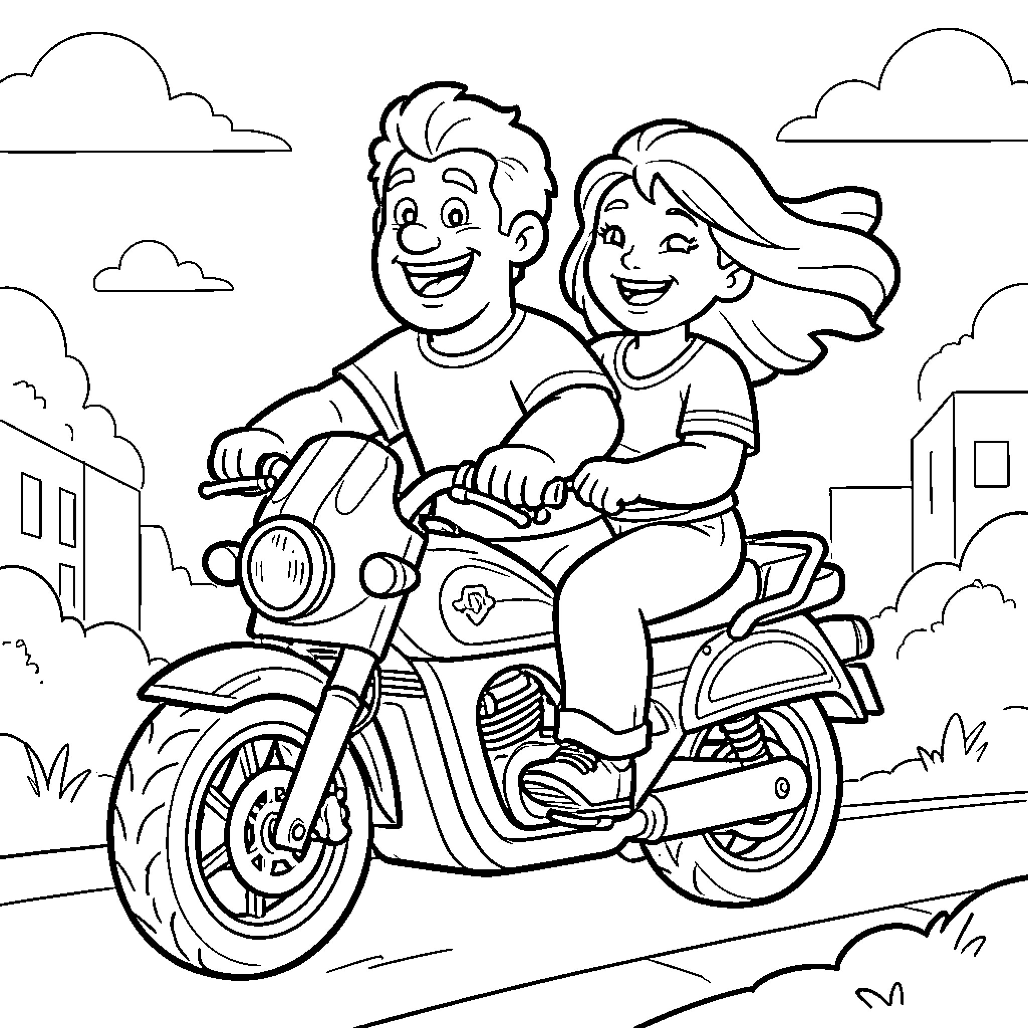 Ralph and Samantha's Motorcycle Adventure Coloring Page (free black-and-white line drawing printable PDF for all, from beginners to advanced learners, including children, teens, adults, and seniors)