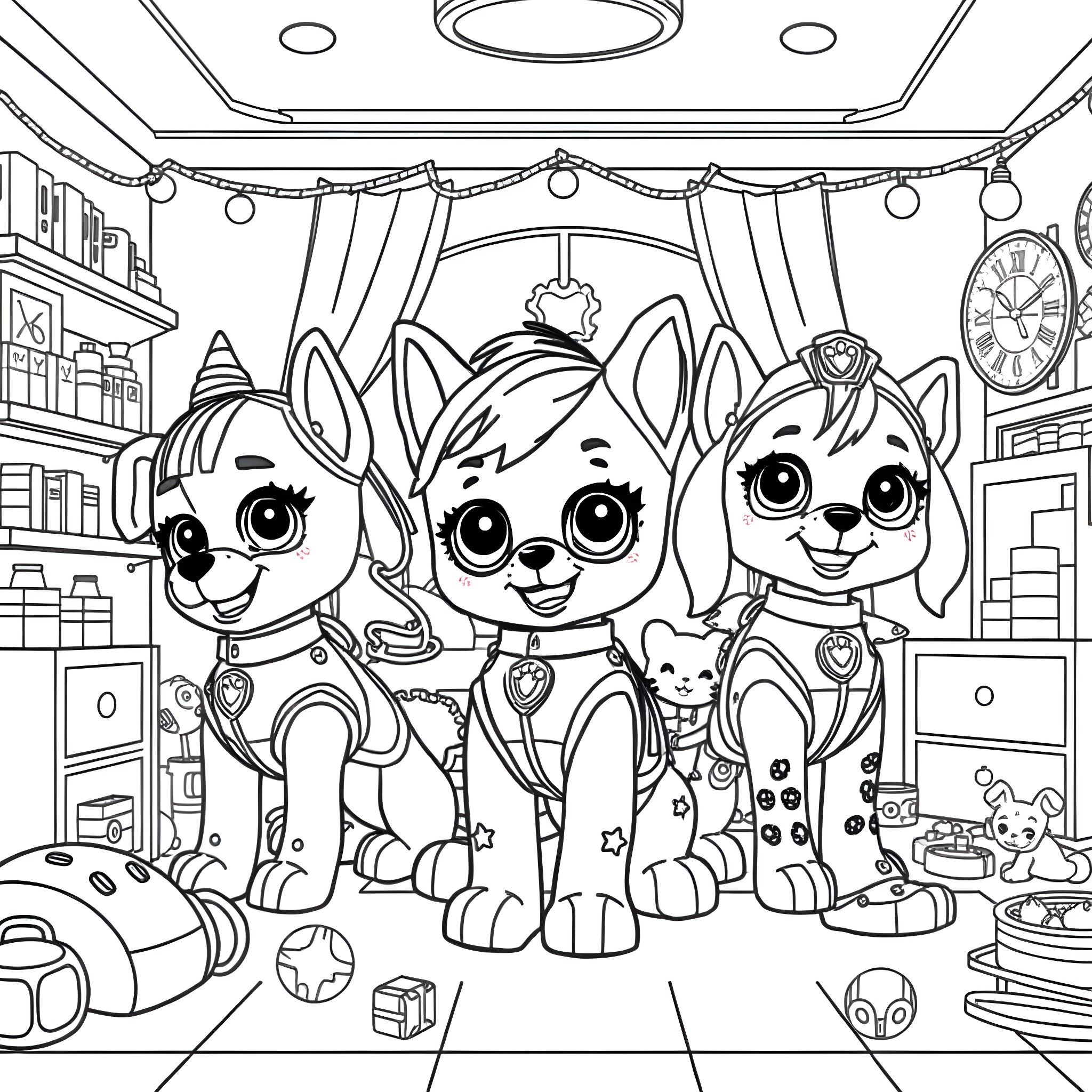 Paw Patrol Pups Playing in the Playroom Coloring Page (free black-and-white line drawing printable PDF for all, from beginners to advanced learners, including children, teens, adults, and seniors)