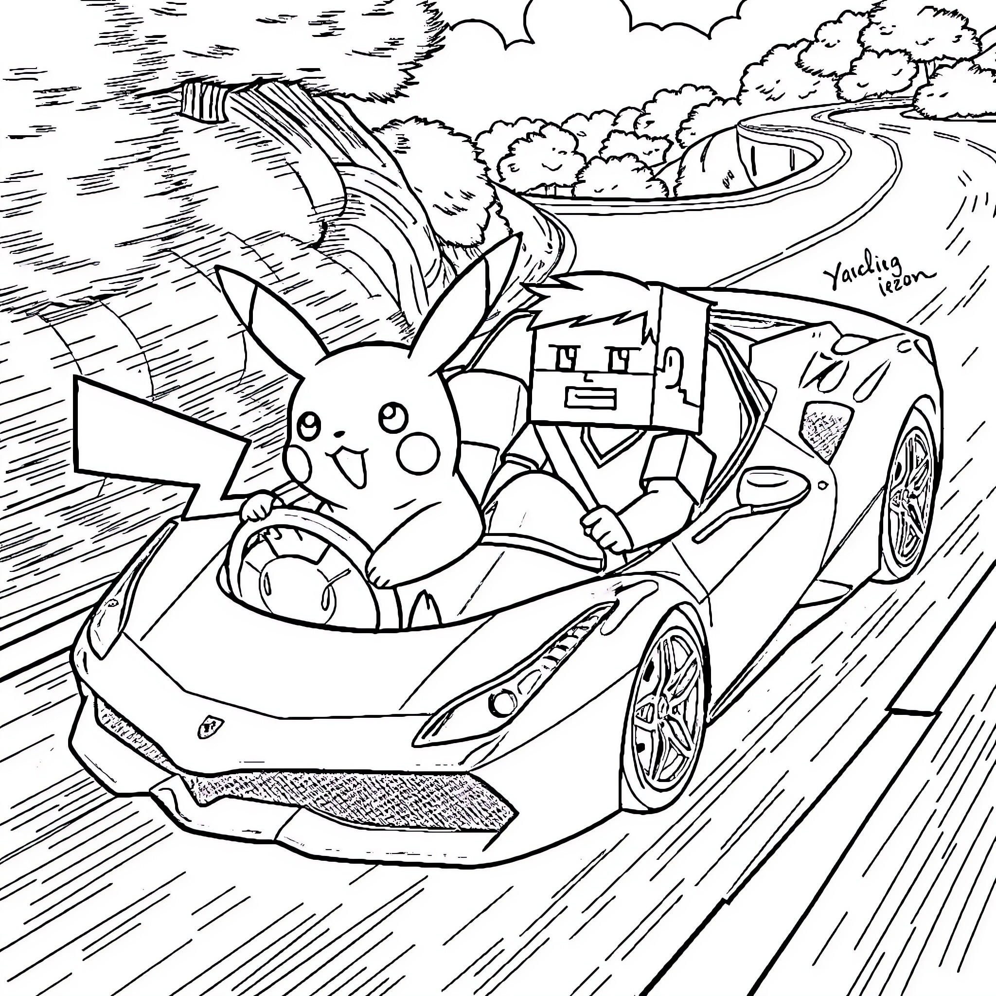 Pikachu and Pokemons race on a futuristic car Coloring Page (free black-and-white line drawing printable PDF for all, from beginners to advanced learners, including children, teens, adults, and seniors)
