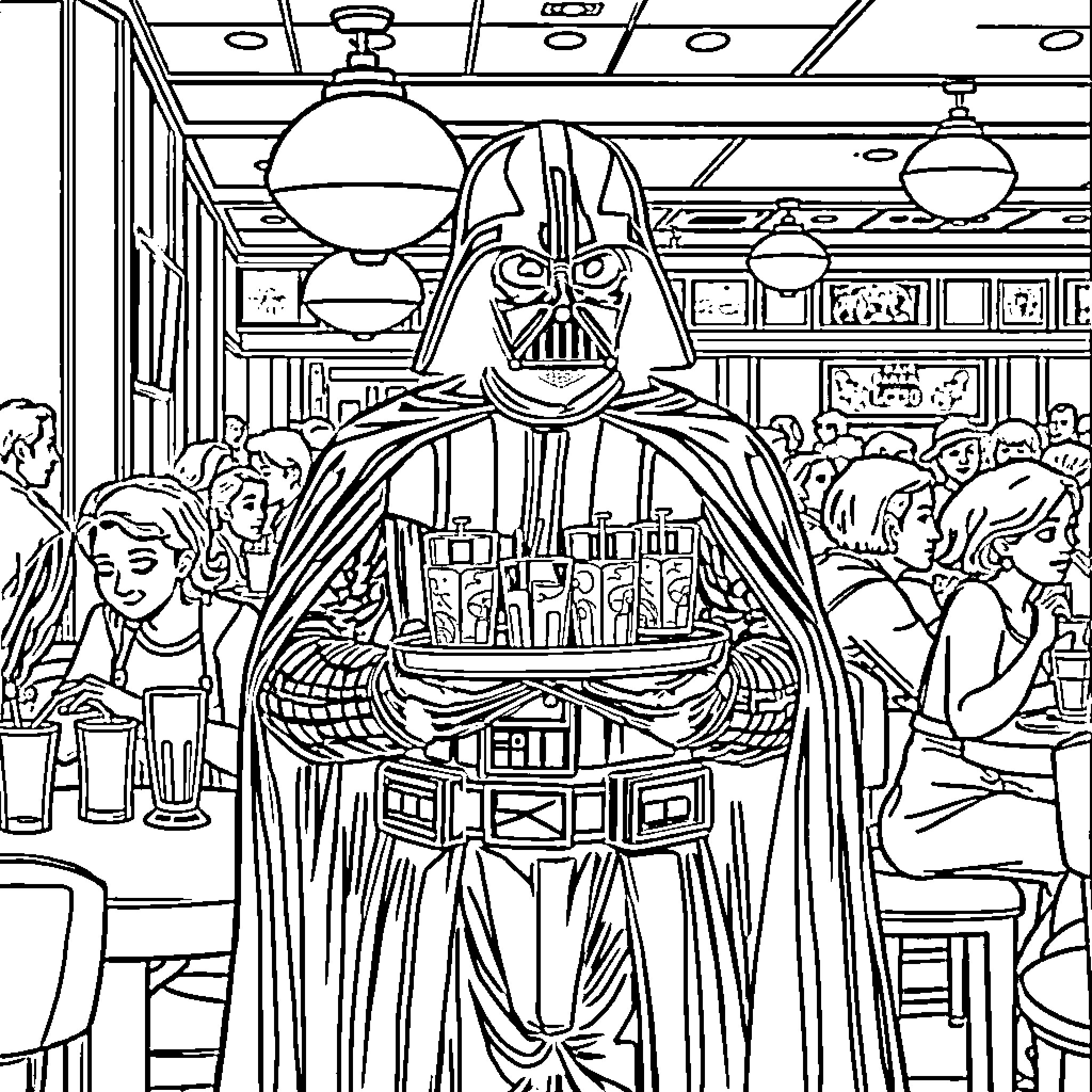 Darth Vader Dominates the Diner Coloring Page (free black-and-white line drawing printable PDF for all, from beginners to advanced learners, including children, teens, adults, and seniors)