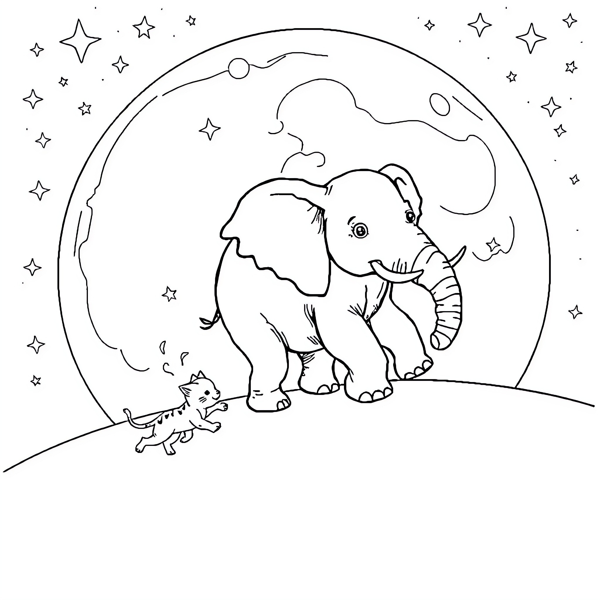 Kitty elephant and fox playing under the stars Coloring Page (free black-and-white line drawing printable PDF for all, from beginners to advanced learners, including children, teens, adults, and seniors)