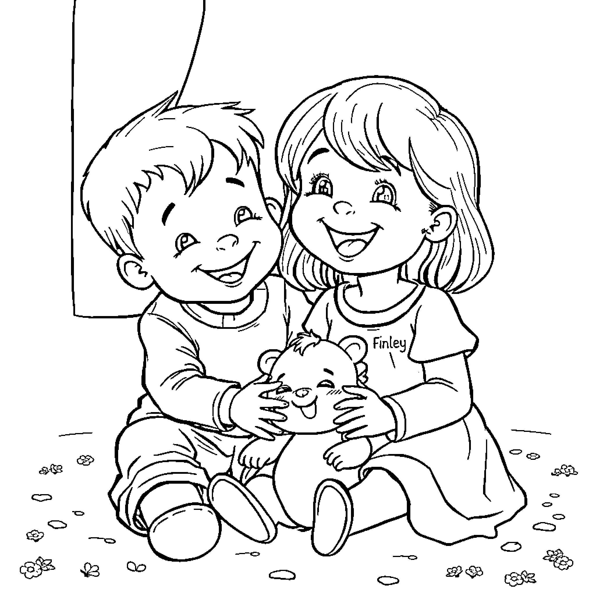 Toddler siblings sharing a tender moment Coloring Page (free black-and-white line drawing printable PDF for all, from beginners to advanced learners, including children, teens, adults, and seniors)