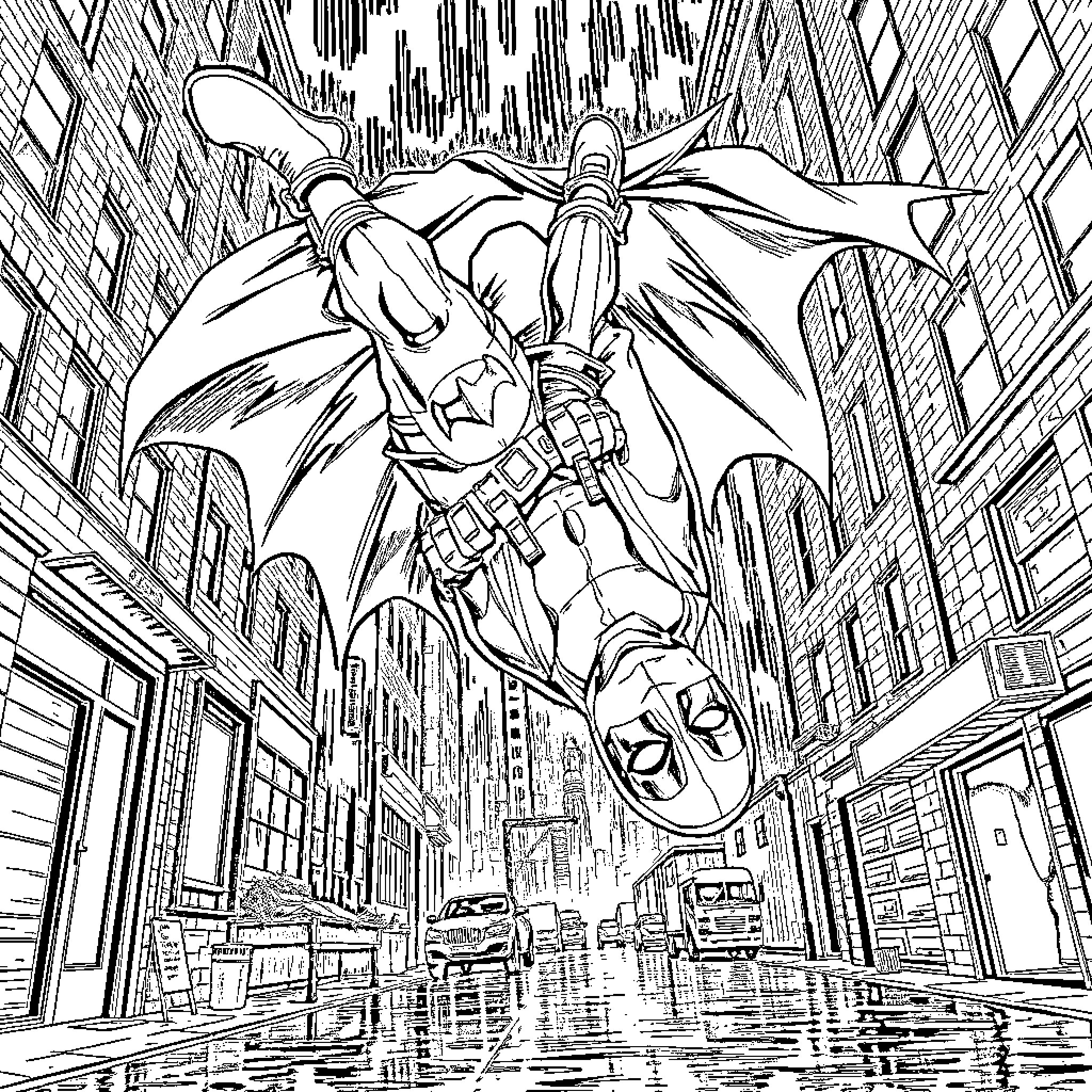 Deadpool soaring over the city skyline Coloring Page (free black-and-white line drawing printable PDF for all, from beginners to advanced learners, including children, teens, adults, and seniors)