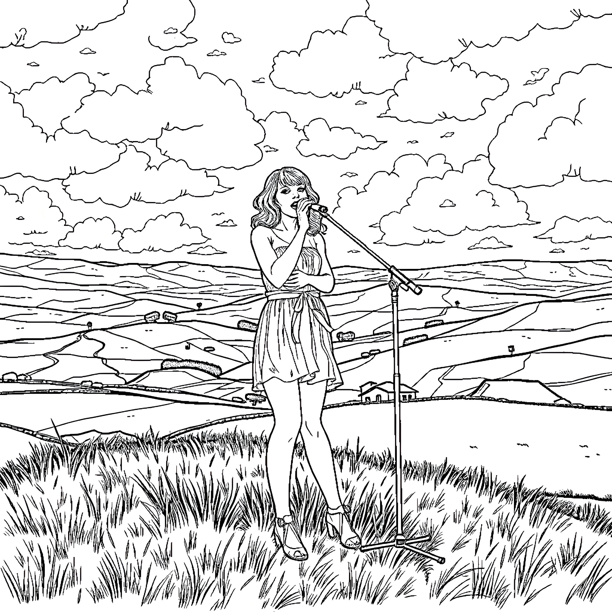 Taylor Swift performing on stage in a scenic landscape Coloring Page (free black-and-white line drawing printable PDF for all, from beginners to advanced learners, including children, teens, adults, and seniors)