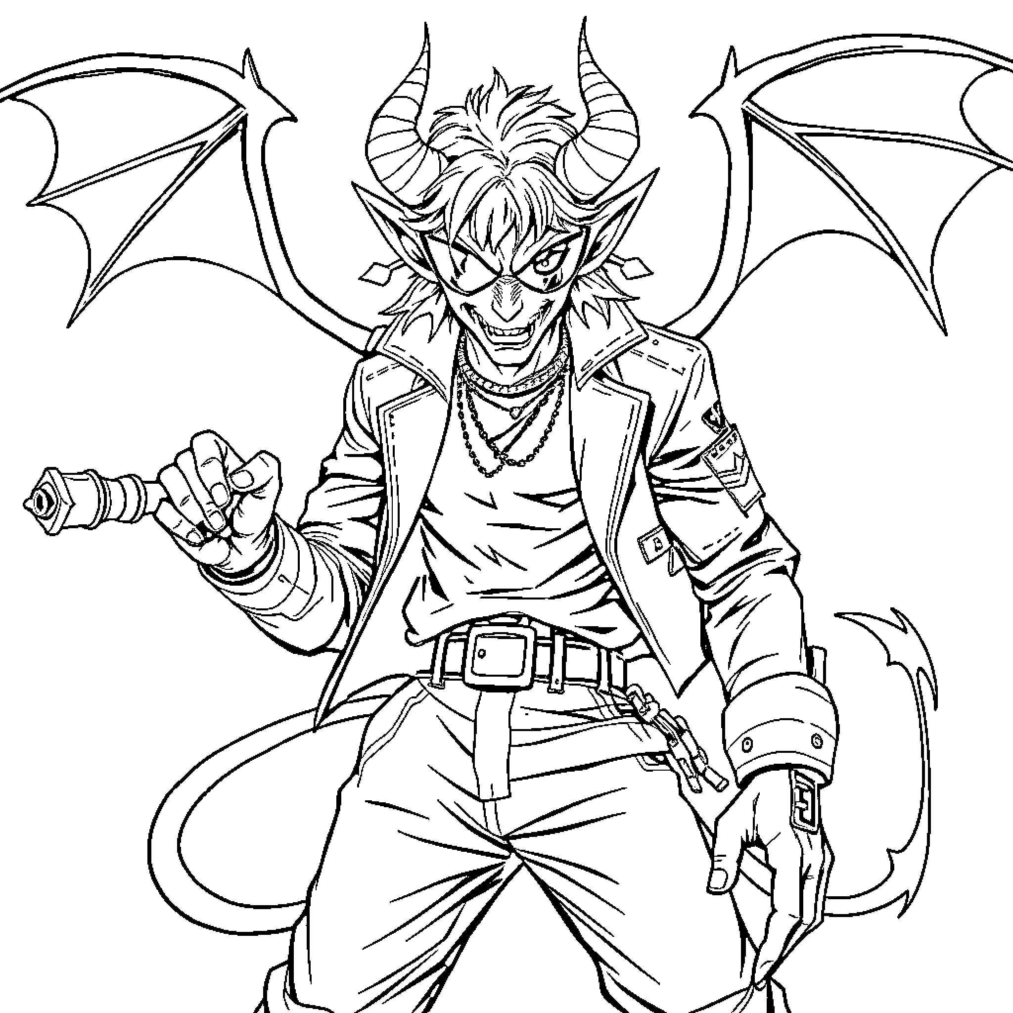 Demon with horns in a menacing pose Coloring Page (free black-and-white line drawing printable PDF for all, from beginners to advanced learners, including children, teens, adults, and seniors)