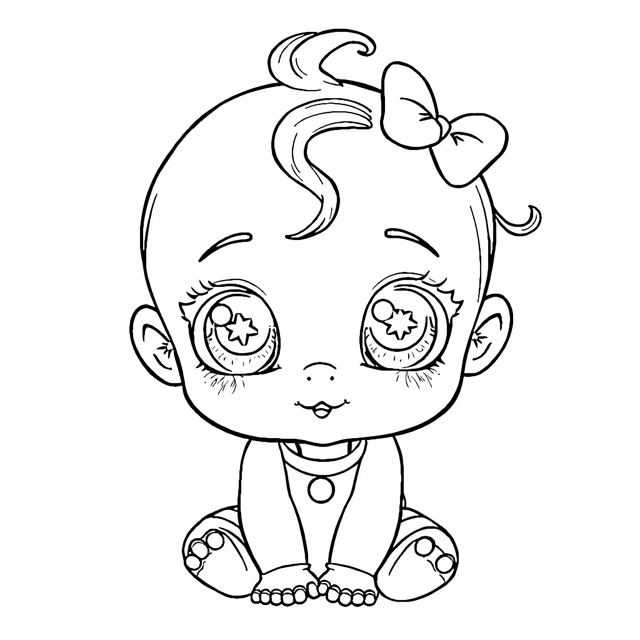Baby Saja sitting on the floor with a bow Coloring Page (free black-and-white line drawing printable PDF for all, from beginners to advanced learners, including children, teens, adults, and seniors)
