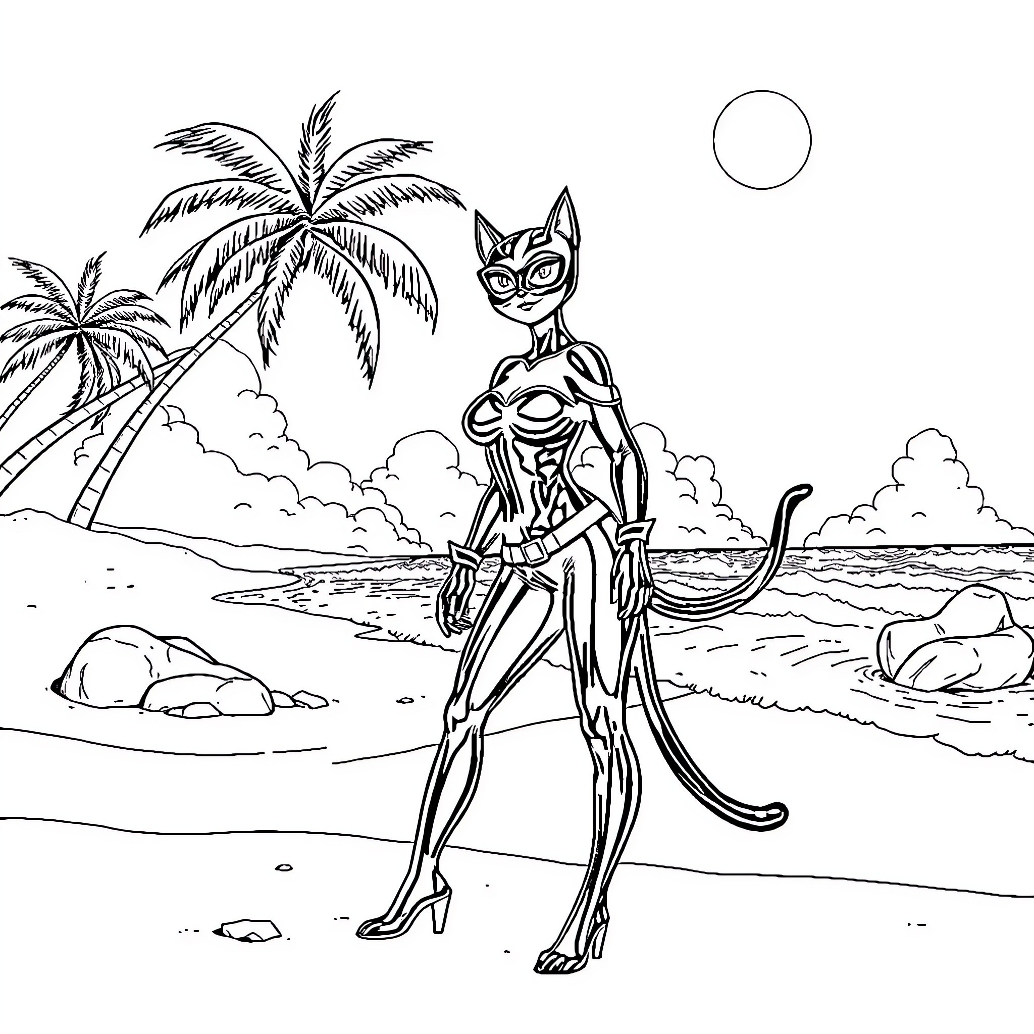 Catwoman on a tropical beach Coloring Page (free black-and-white line drawing printable PDF for all, from beginners to advanced learners, including children, teens, adults, and seniors)