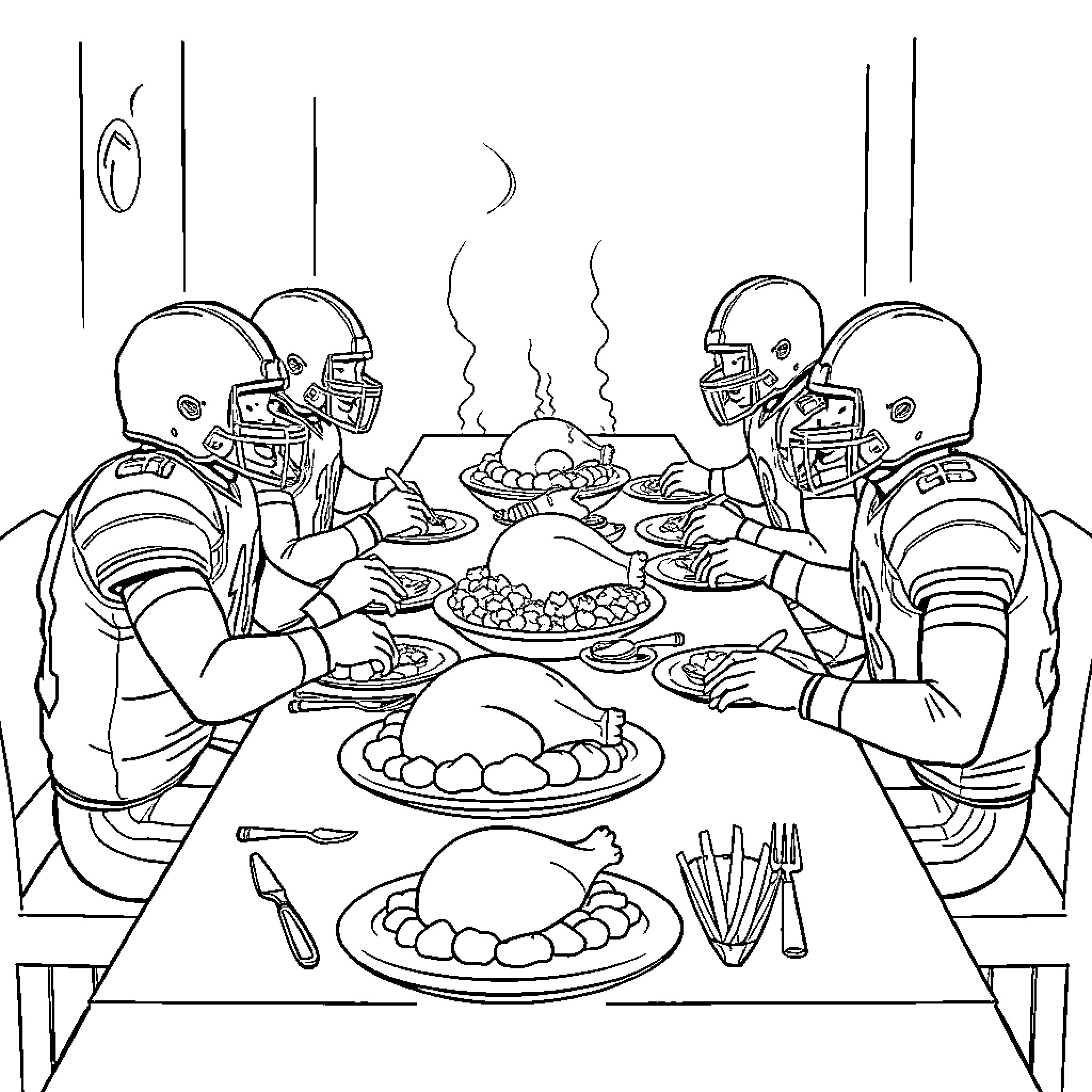 Football Players Enjoying a Team Meal Coloring Page (free black-and-white line drawing printable PDF for all, from beginners to advanced learners, including children, teens, adults, and seniors)