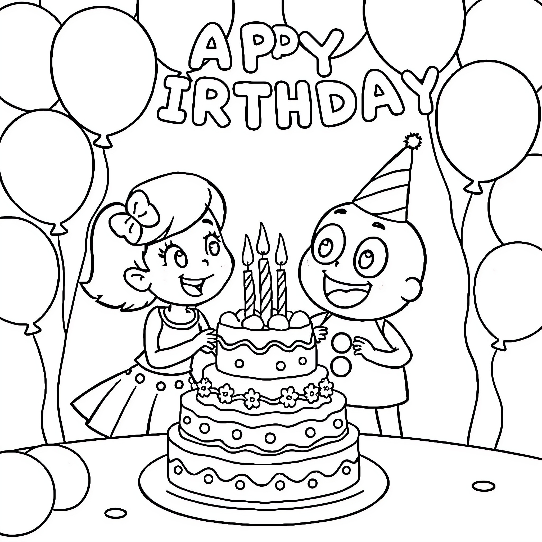 Topsy and Tim celebrate a birthday with cake and balloons Coloring Page (free black-and-white line drawing printable PDF for all, from beginners to advanced learners, including children, teens, adults, and seniors)