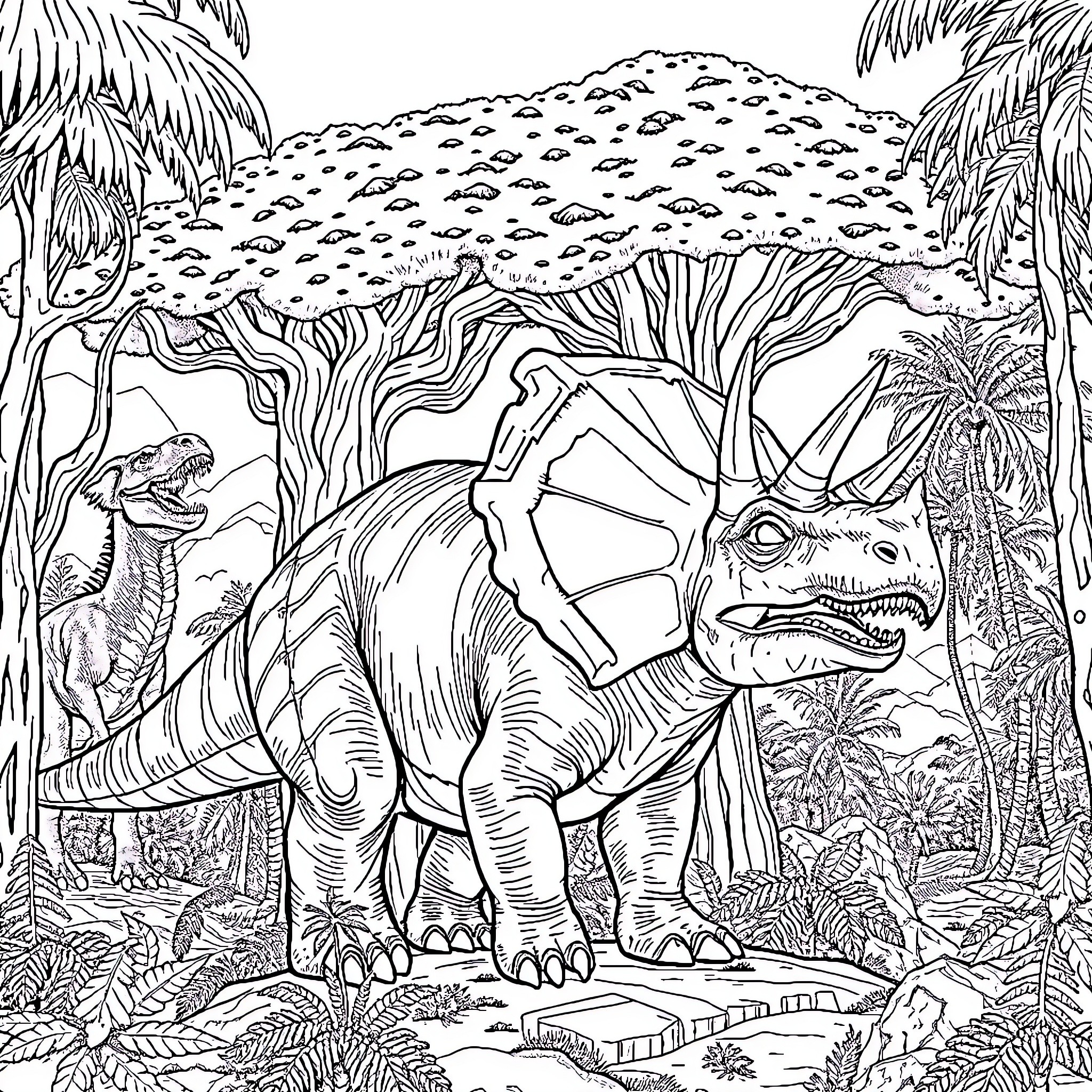 Triceratops roaming the prehistoric landscape Coloring Page (free black-and-white line drawing printable PDF for all, from beginners to advanced learners, including children, teens, adults, and seniors)