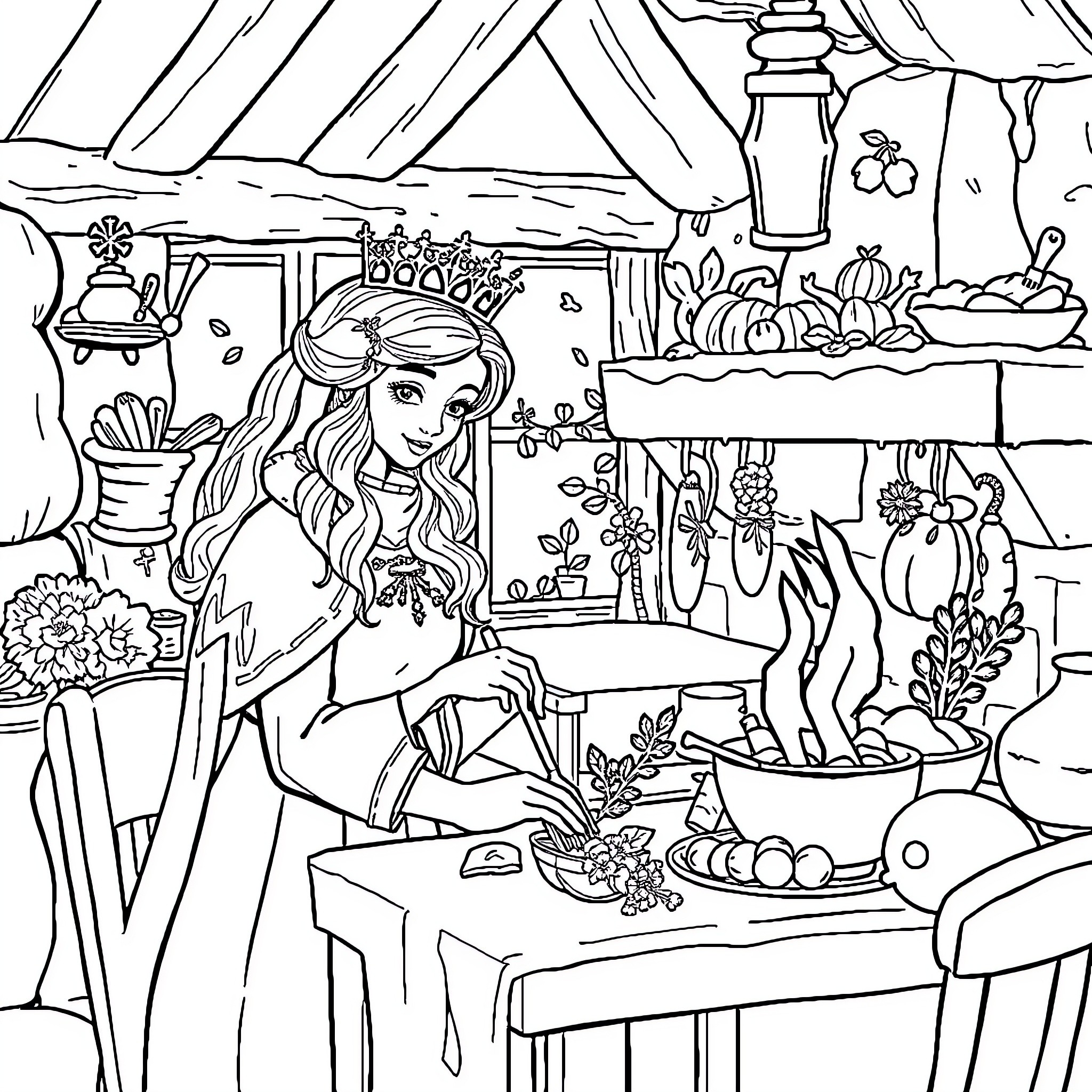 Queen's Cozy Cottage Cooking Adventure Coloring Page (free black-and-white line drawing printable PDF for all, from beginners to advanced learners, including children, teens, adults, and seniors)