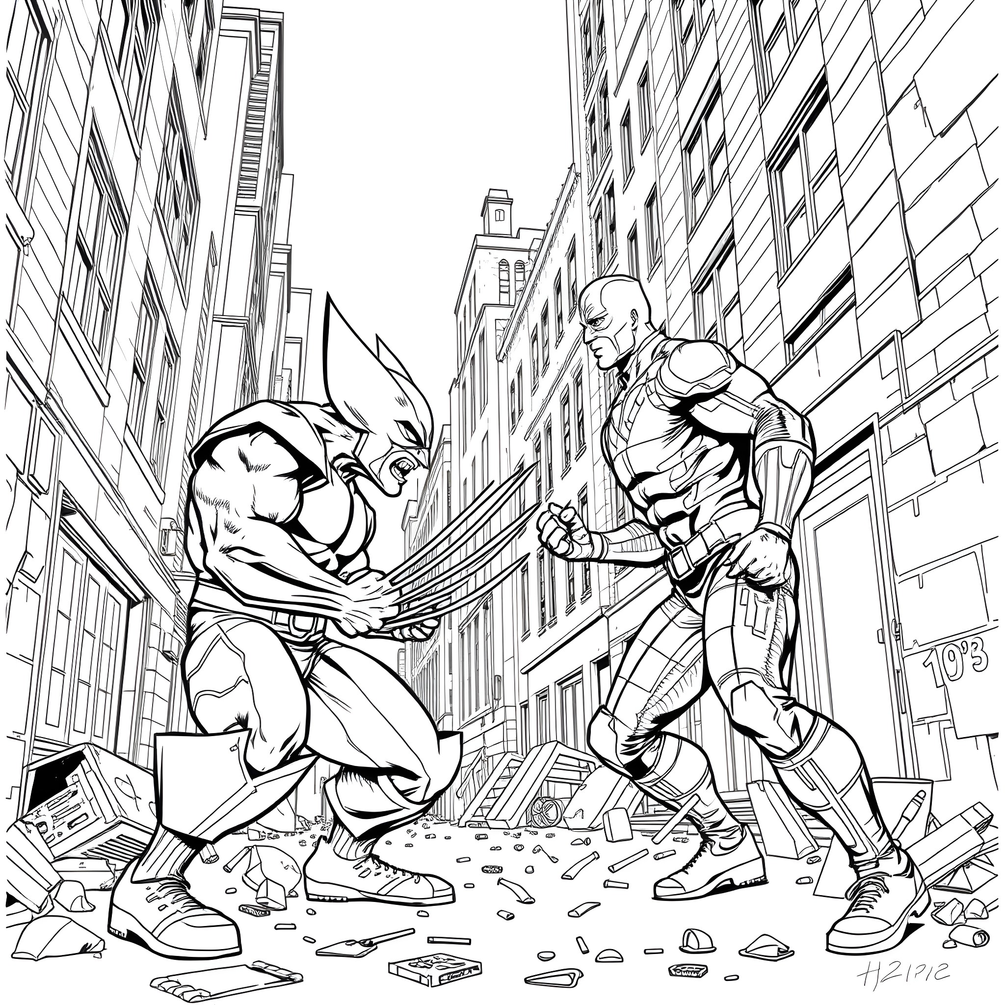 Wolverine fighting another superhero in the city Coloring Page (free black-and-white line drawing printable PDF for all, from beginners to advanced learners, including children, teens, adults, and seniors)