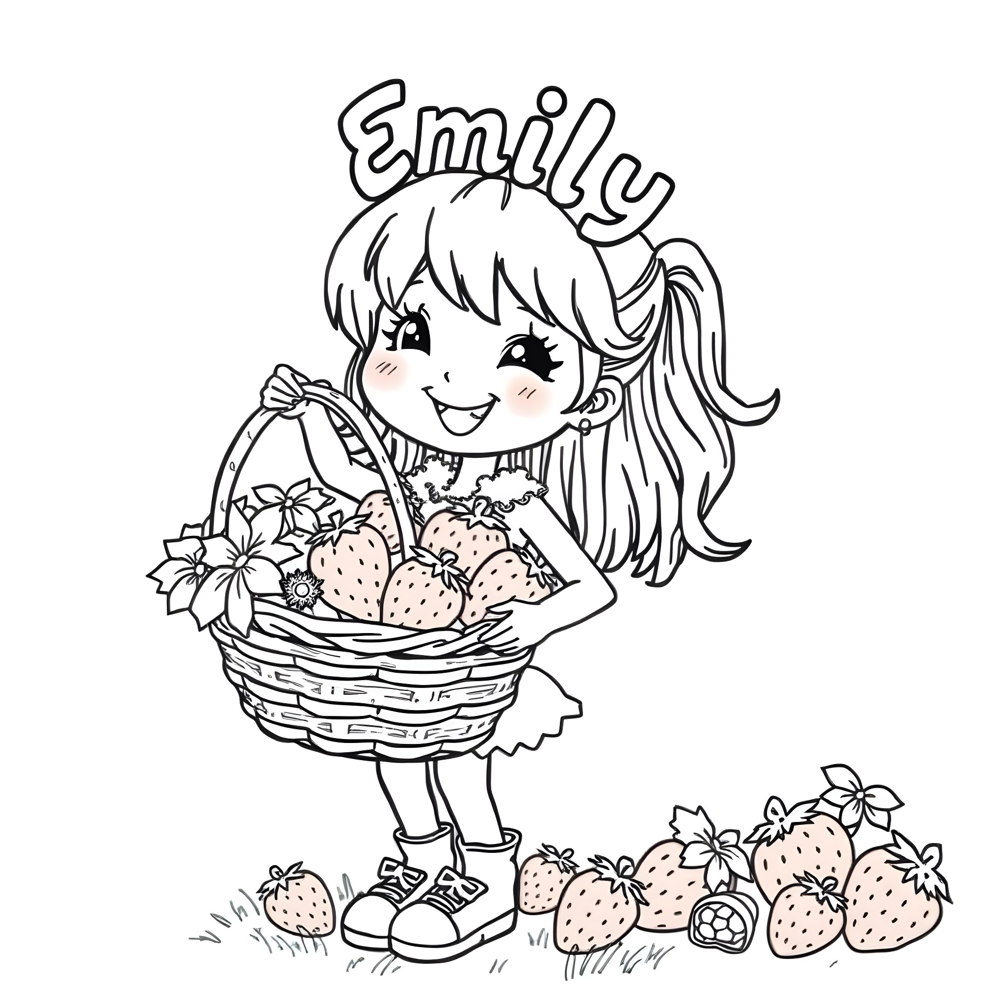 Girl joyfully holding a basket of strawberries Coloring Page (free black-and-white line drawing printable PDF for all, from beginners to advanced learners, including children, teens, adults, and seniors)