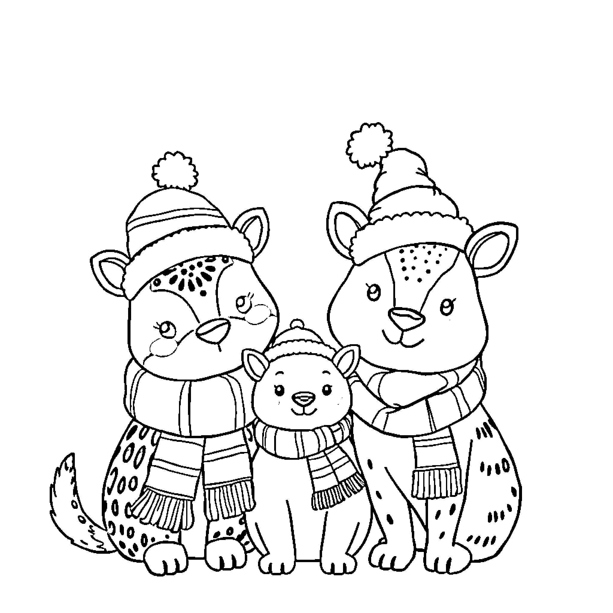 Animal trio bundled up for winter weather Coloring Page (free black-and-white line drawing printable PDF for all, from beginners to advanced learners, including children, teens, adults, and seniors)