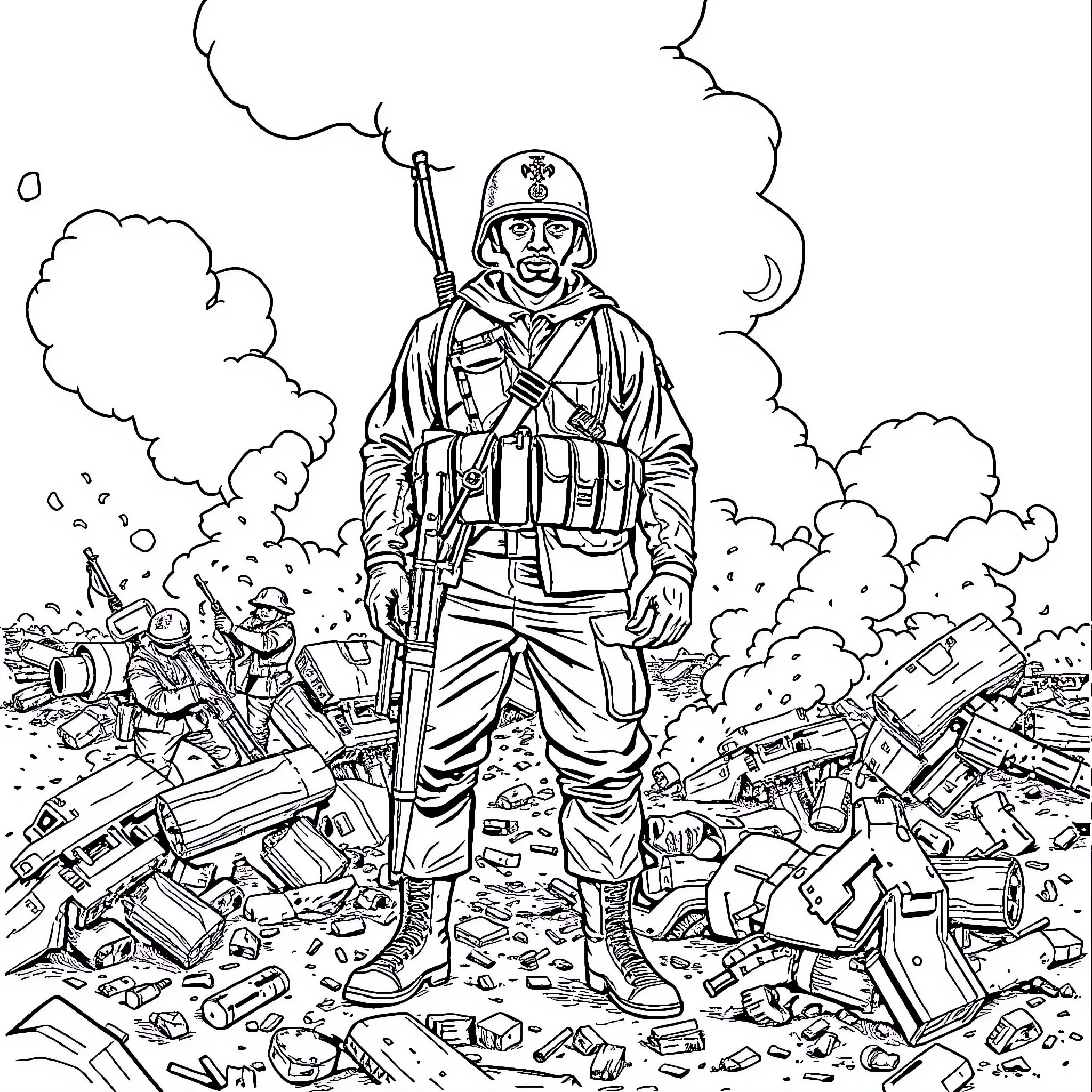 Soldier on the battlefield amidst destruction Coloring Page (free black-and-white line drawing printable PDF for all, from beginners to advanced learners, including children, teens, adults, and seniors)