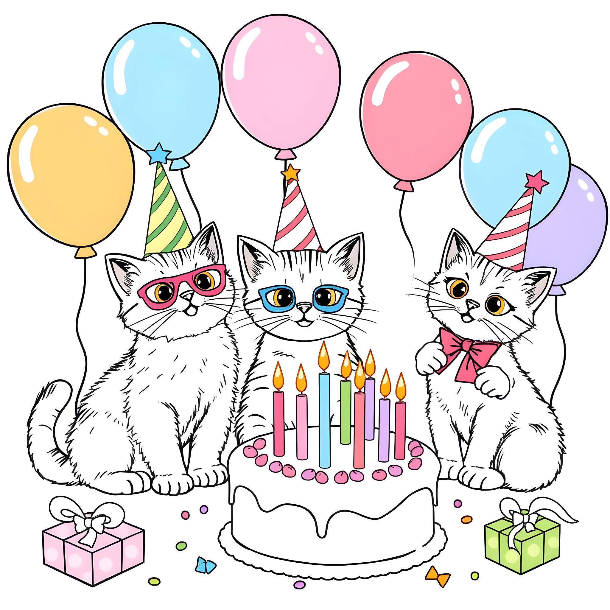 Kitty Cats Celebrating Birthday with Balloons and Cake Coloring Page (free black-and-white line drawing printable PDF for all, from beginners to advanced learners, including children, teens, adults, and seniors)