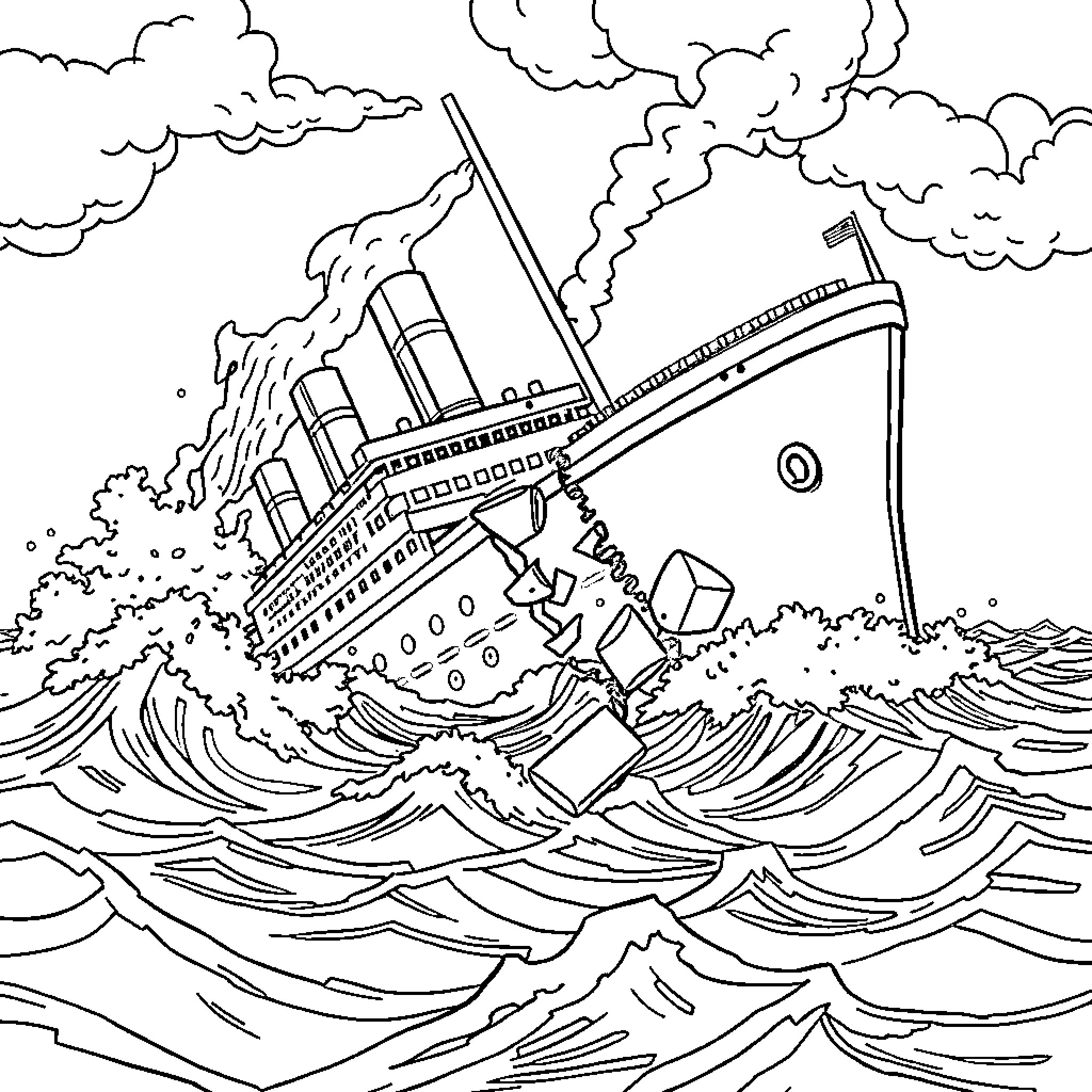 Titanic sinking amidst stormy waves and chaos Coloring Page (free black-and-white line drawing printable PDF for all, from beginners to advanced learners, including children, teens, adults, and seniors)
