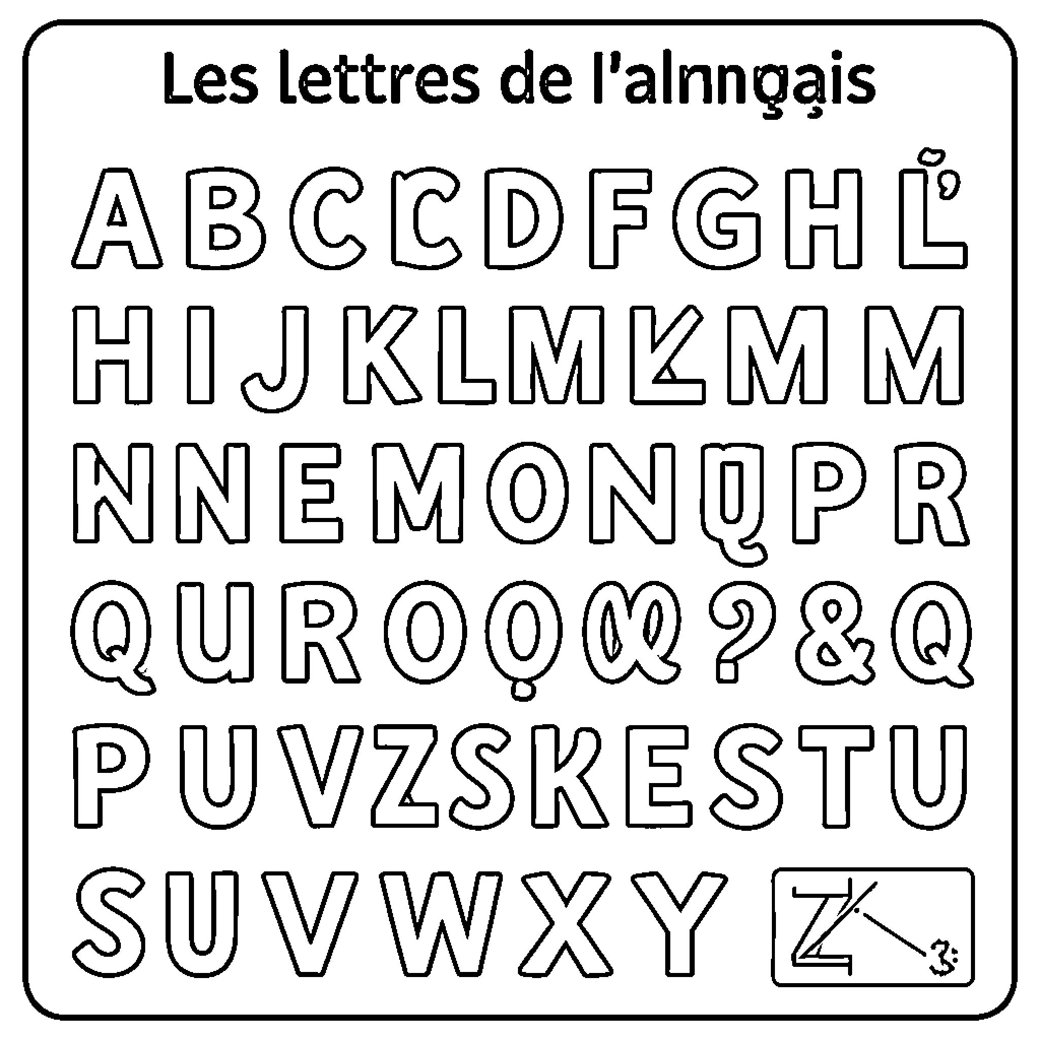 French Alphabet presented in a structured grid layout Coloring Page (free black-and-white line drawing printable PDF for all, from beginners to advanced learners, including children, teens, adults, and seniors)