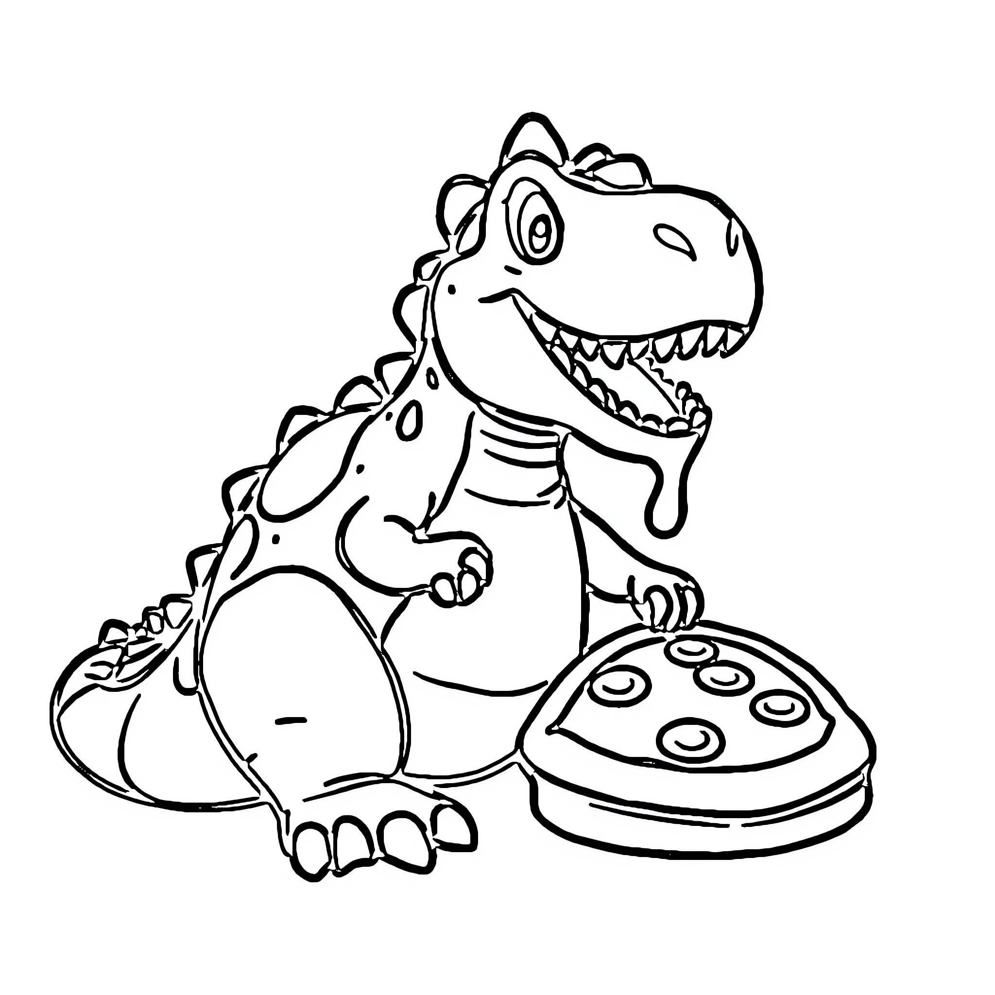 Dinosaur enjoying a tasty pie Coloring Page (free black-and-white line drawing printable PDF for all, from beginners to advanced learners, including children, teens, adults, and seniors)