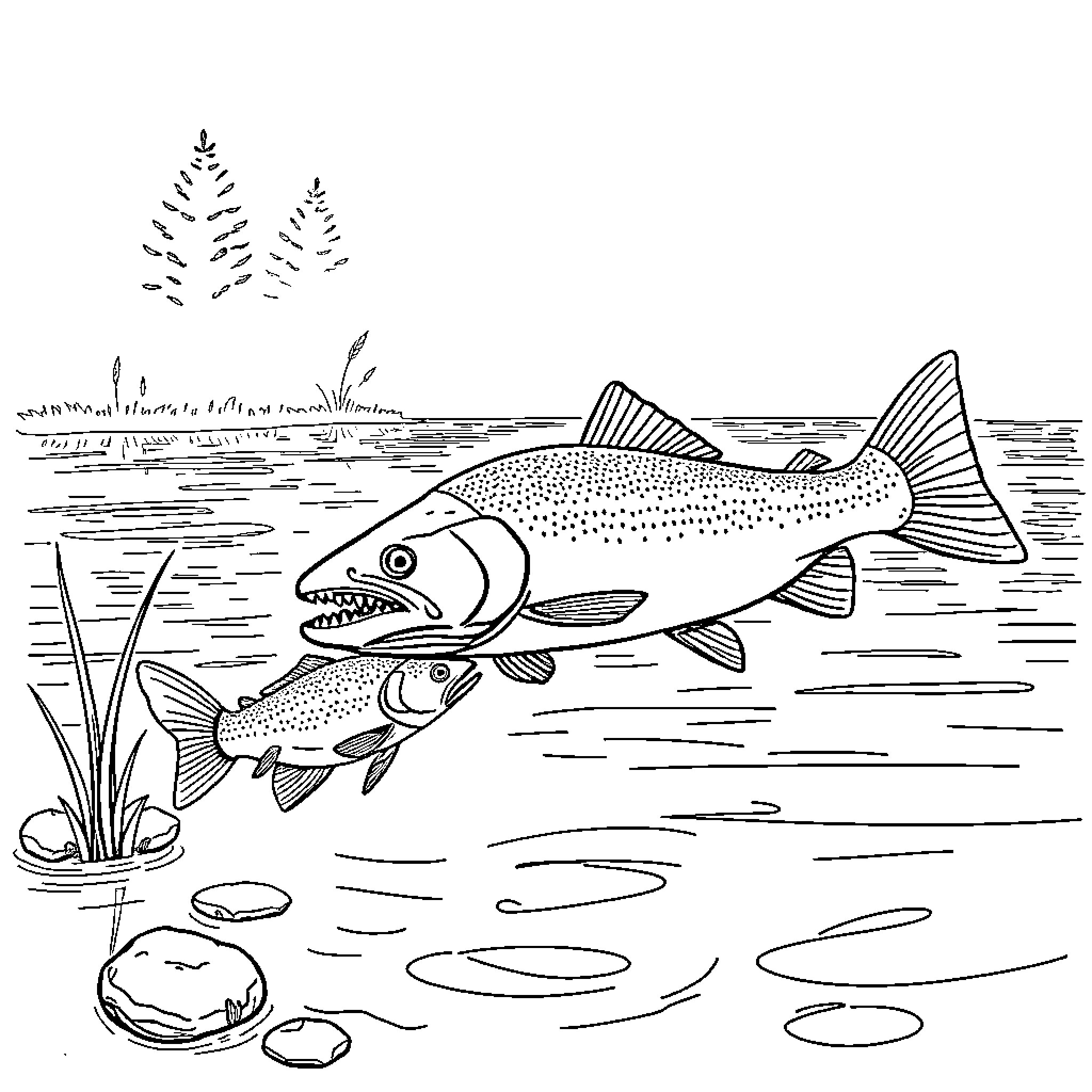 Trout swimming in a river or lake Coloring Page (free black-and-white line drawing printable PDF for all, from beginners to advanced learners, including children, teens, adults, and seniors)