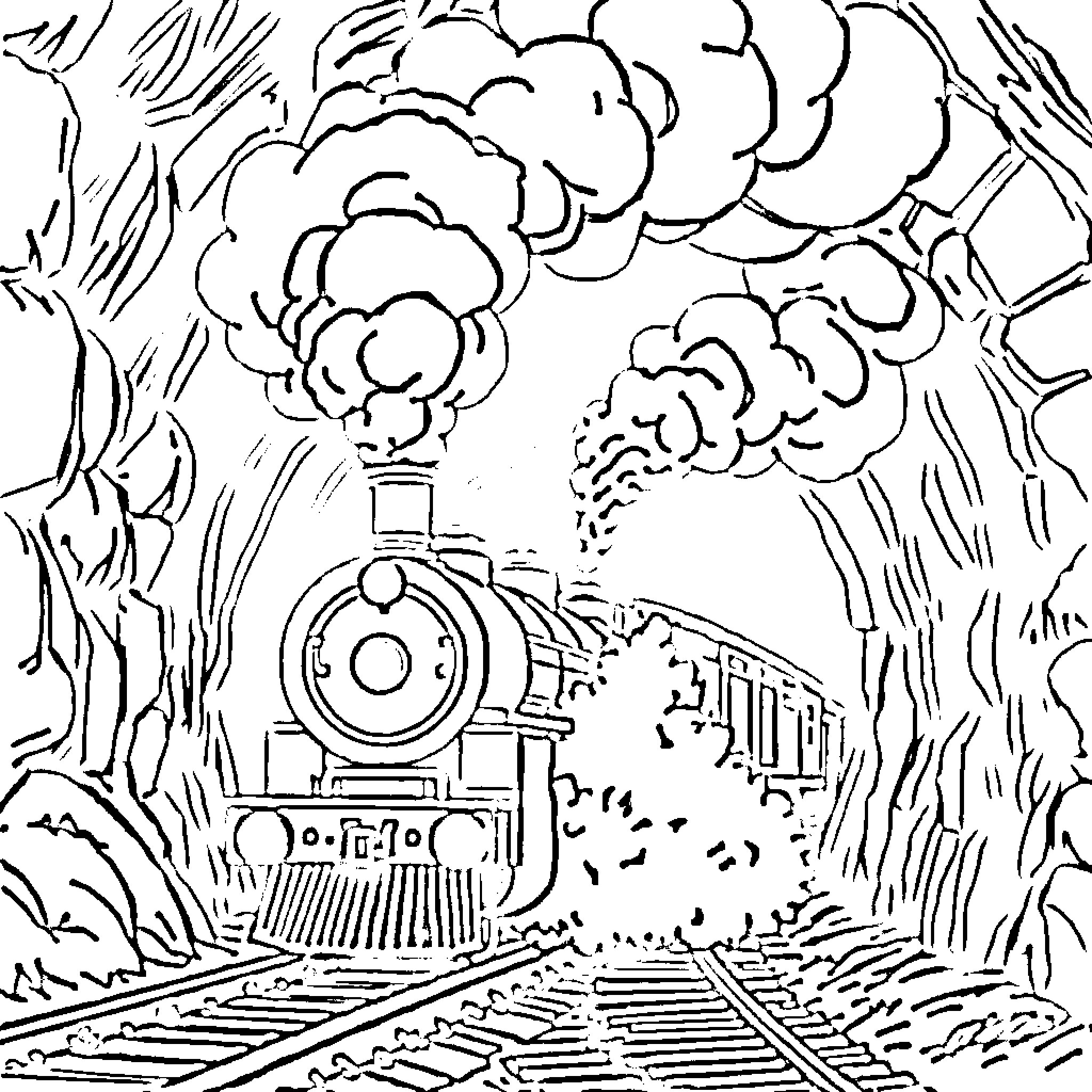 Steam Train Chugging Through Wooded Landscape Coloring Page (free black-and-white line drawing printable PDF for all, from beginners to advanced learners, including children, teens, adults, and seniors)