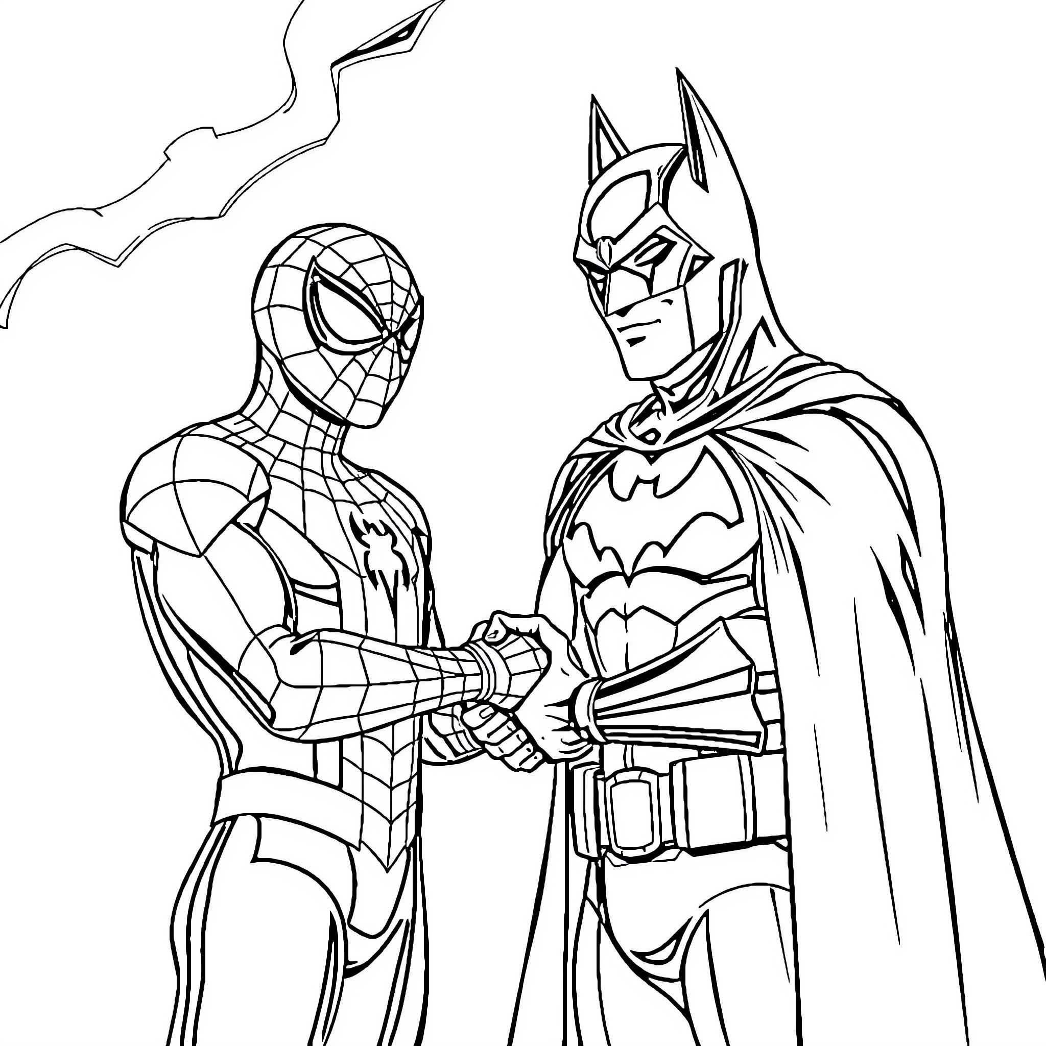 Spiderman and Batman team up for heroic action Coloring Page (free black-and-white line drawing printable PDF for all, from beginners to advanced learners, including children, teens, adults, and seniors)