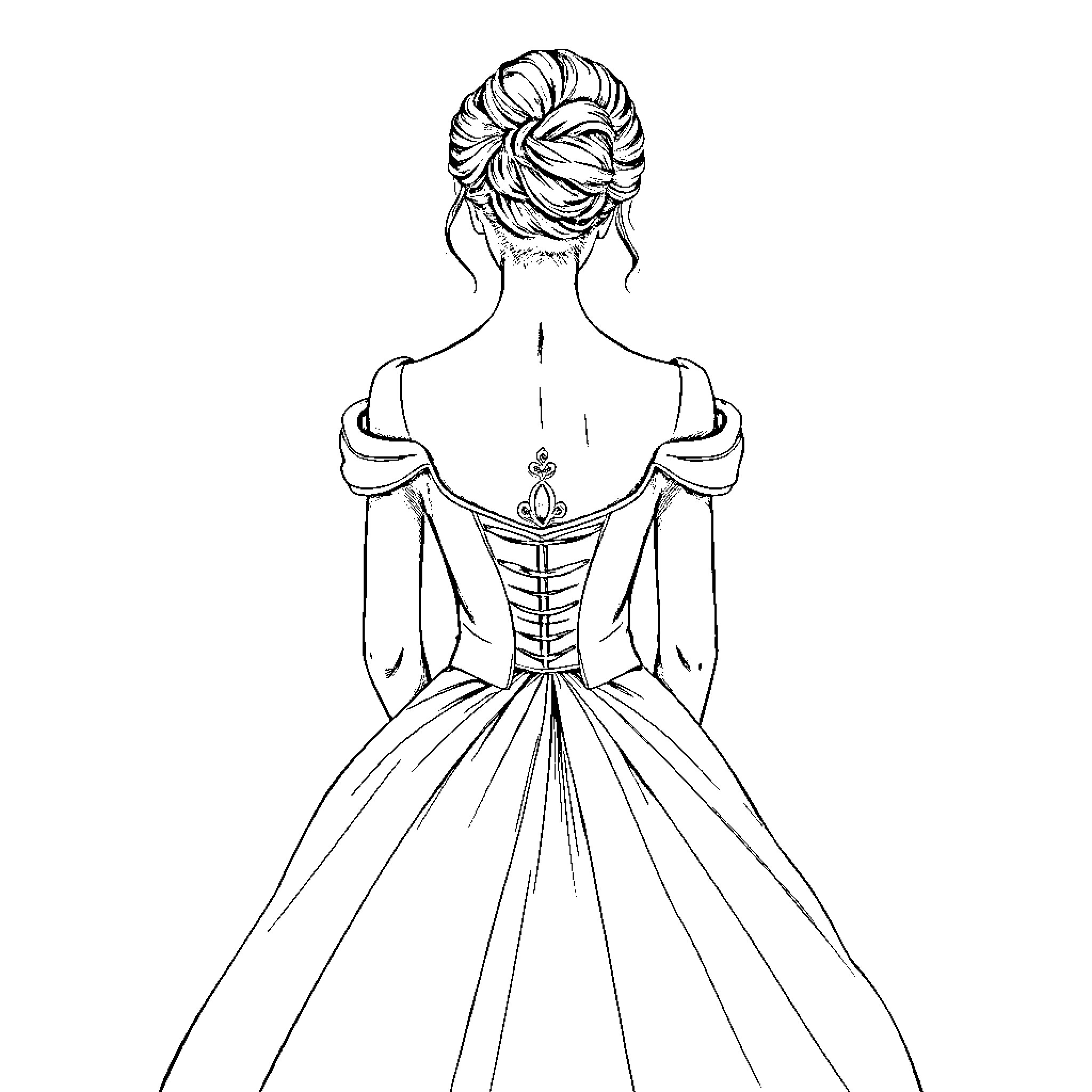 Woman in elegant gown with elaborate hairstyle Coloring Page (free black-and-white line drawing printable PDF for all, from beginners to advanced learners, including children, teens, adults, and seniors)