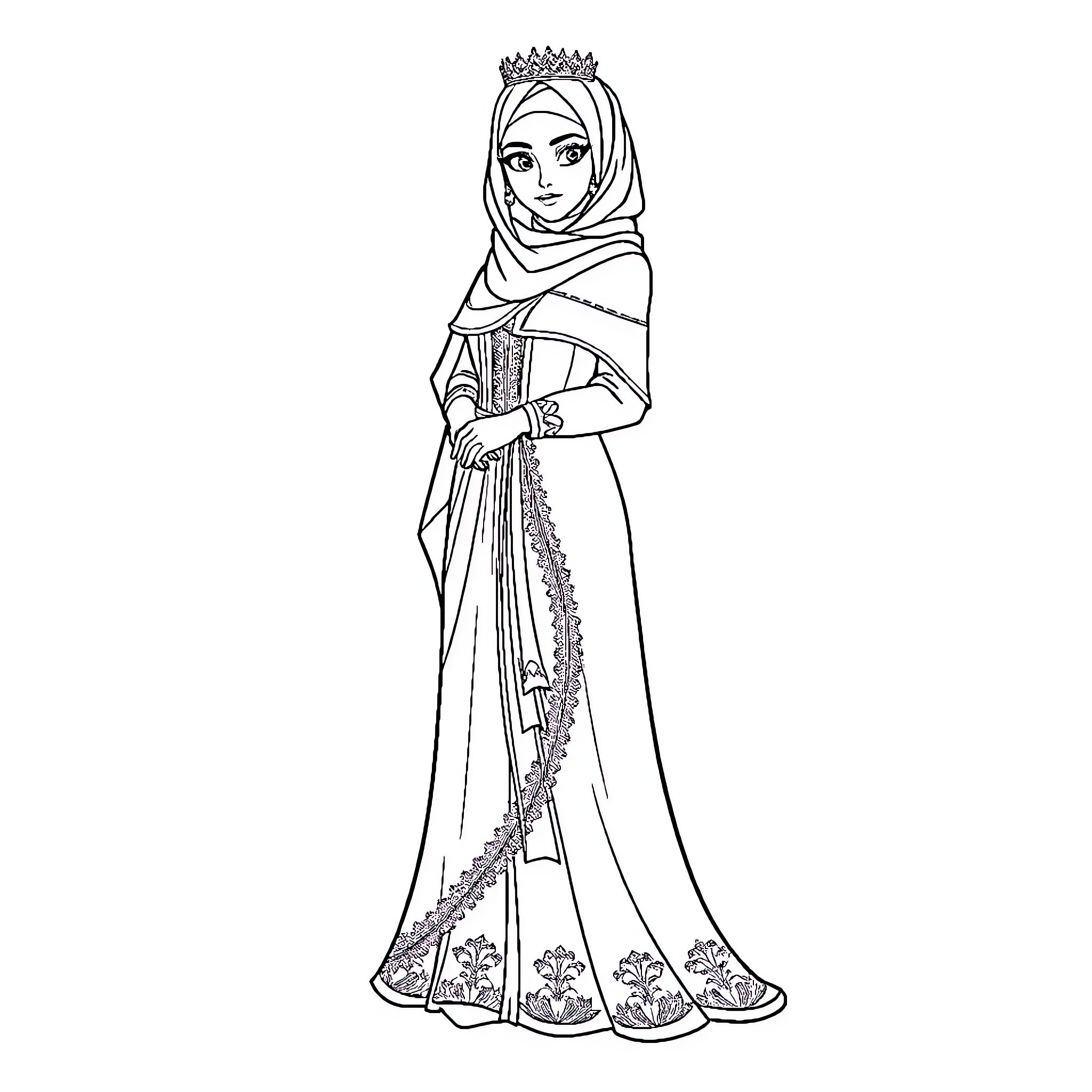 Princess in Elegant Hijab and Gown Coloring Page (free black-and-white line drawing printable PDF for all, from beginners to advanced learners, including children, teens, adults, and seniors)