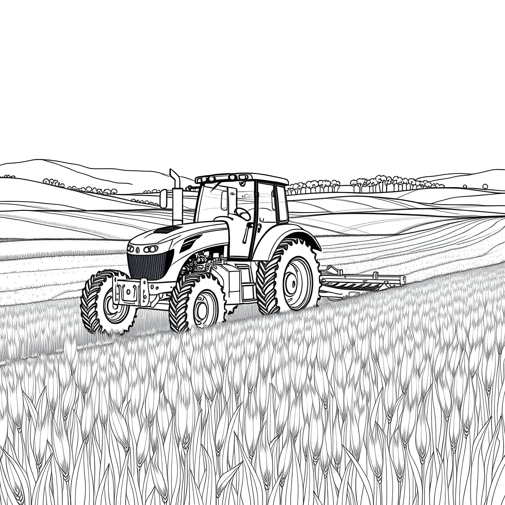 Tractor working diligently in the countryside Coloring Page (free black-and-white line drawing printable PDF for all, from beginners to advanced learners, including children, teens, adults, and seniors)