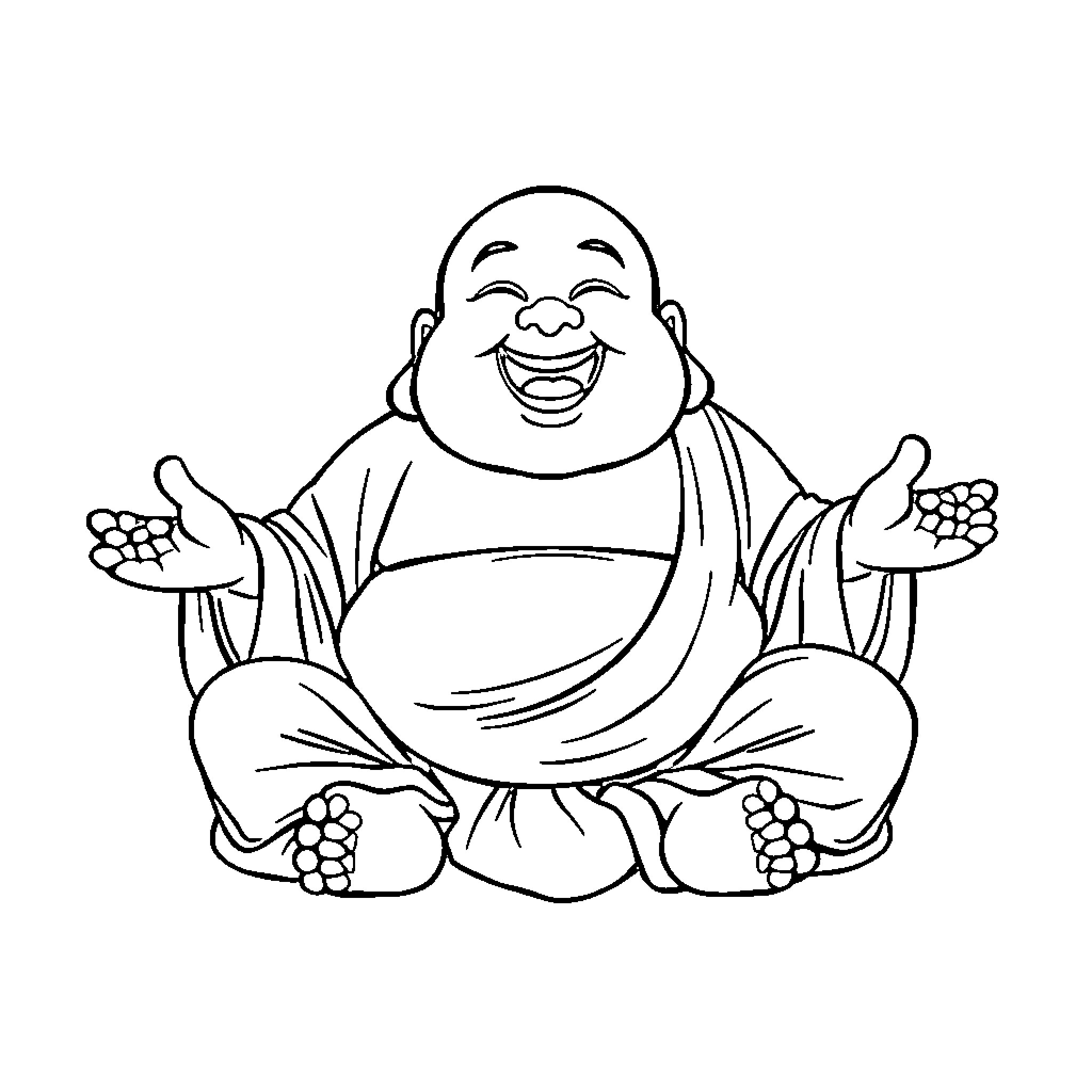 Buddha smiling joyfully in meditation pose Coloring Page (free black-and-white line drawing printable PDF for all, from beginners to advanced learners, including children, teens, adults, and seniors)