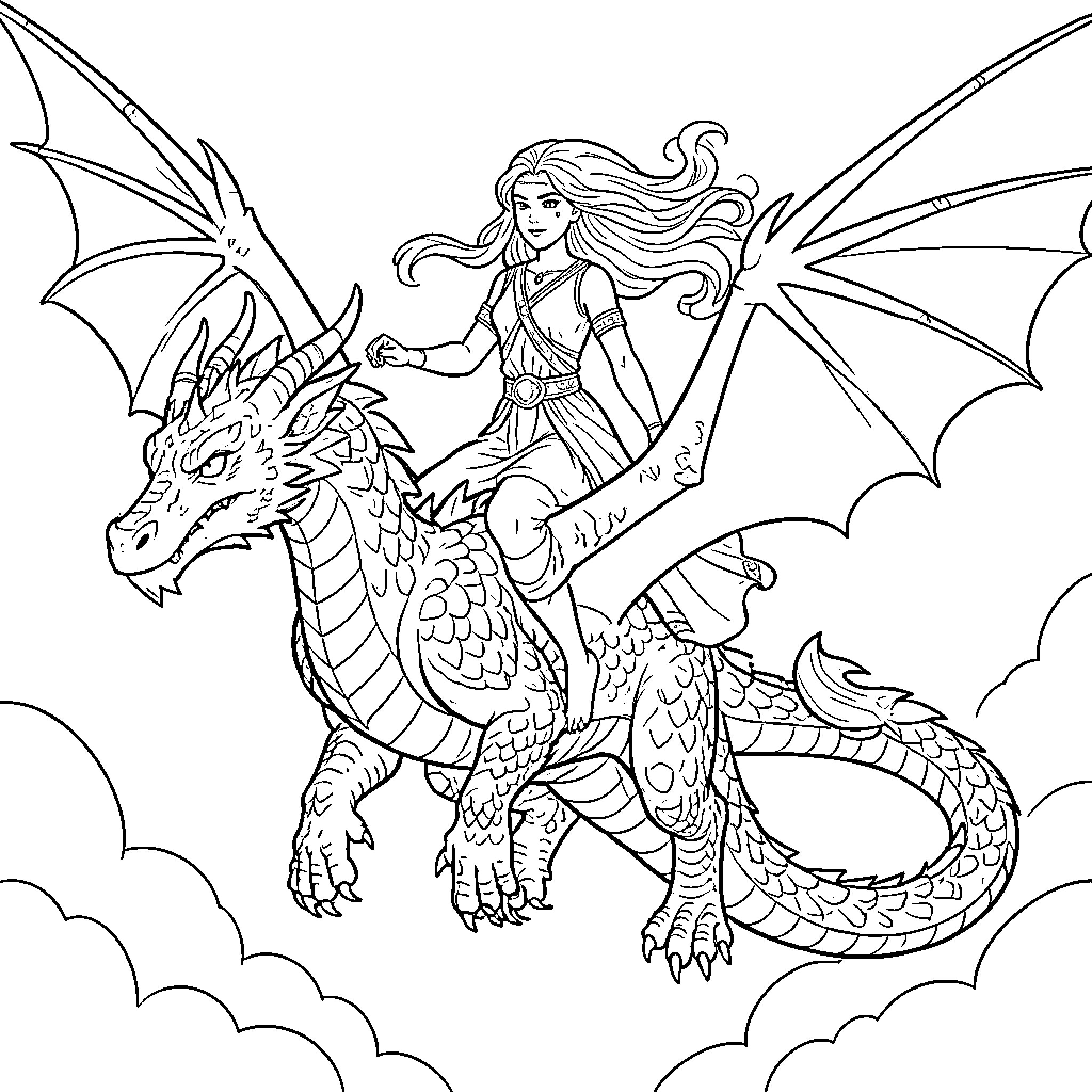 Goddess riding a dragon through the clouds Coloring Page (free black-and-white line drawing printable PDF for all, from beginners to advanced learners, including children, teens, adults, and seniors)