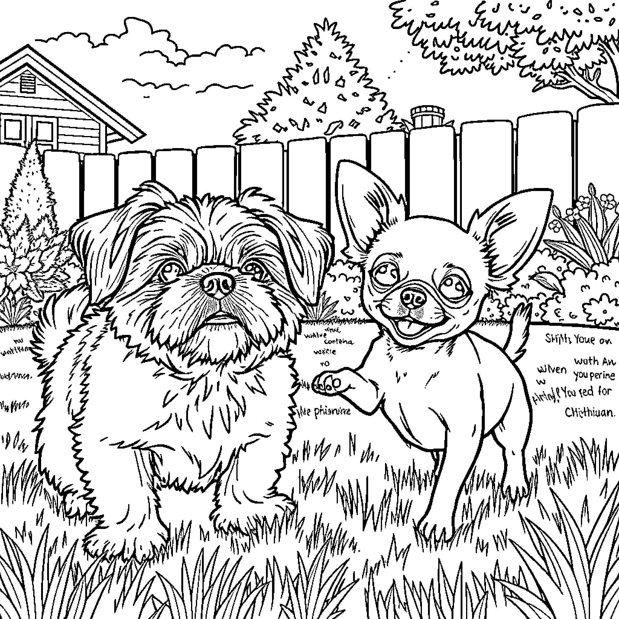 Dogs playing happily in the backyard Coloring Page (free black-and-white line drawing printable PDF for all, from beginners to advanced learners, including children, teens, adults, and seniors)