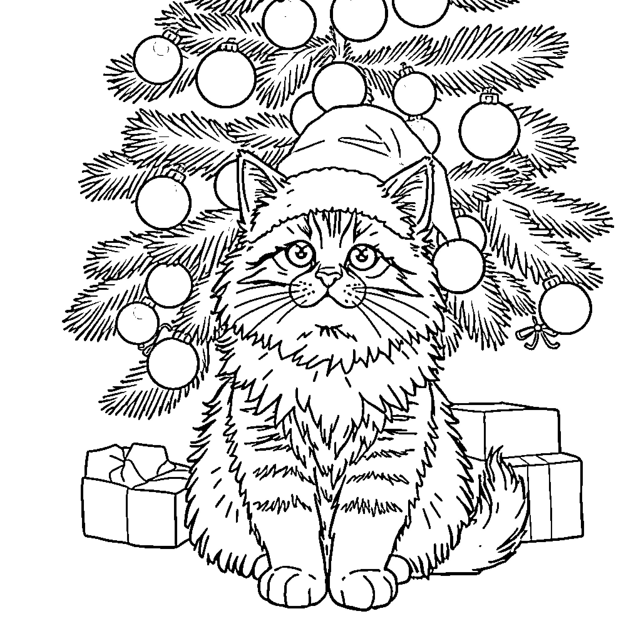 Cat Sitting Amidst Christmas Decor Coloring Page (free black-and-white line drawing printable PDF for all, from beginners to advanced learners, including children, teens, adults, and seniors)