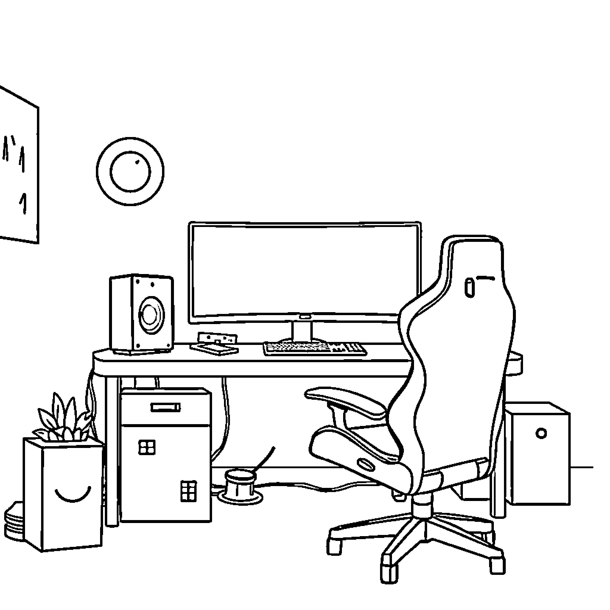 Gaming Setup with Ergonomic Chair and Computer Desk Coloring Page (free black-and-white line drawing printable PDF for all, from beginners to advanced learners, including children, teens, adults, and seniors)