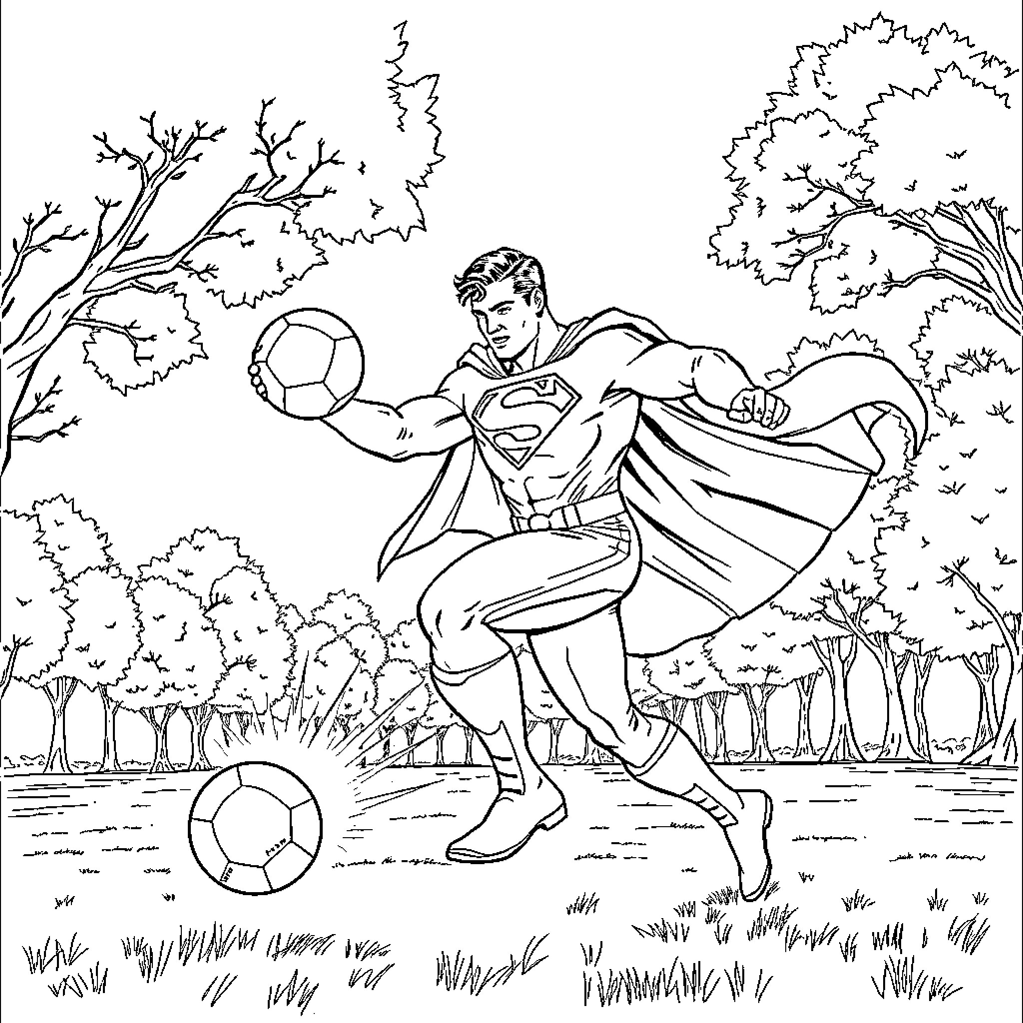 Superman playing with soccer balls in the park Coloring Page (free black-and-white line drawing printable PDF for all, from beginners to advanced learners, including children, teens, adults, and seniors)