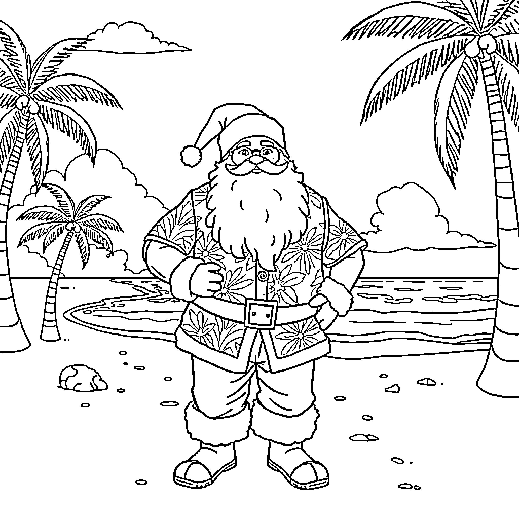 Santa enjoys a tropical beach vacation Coloring Page (free black-and-white line drawing printable PDF for all, from beginners to advanced learners, including children, teens, adults, and seniors)