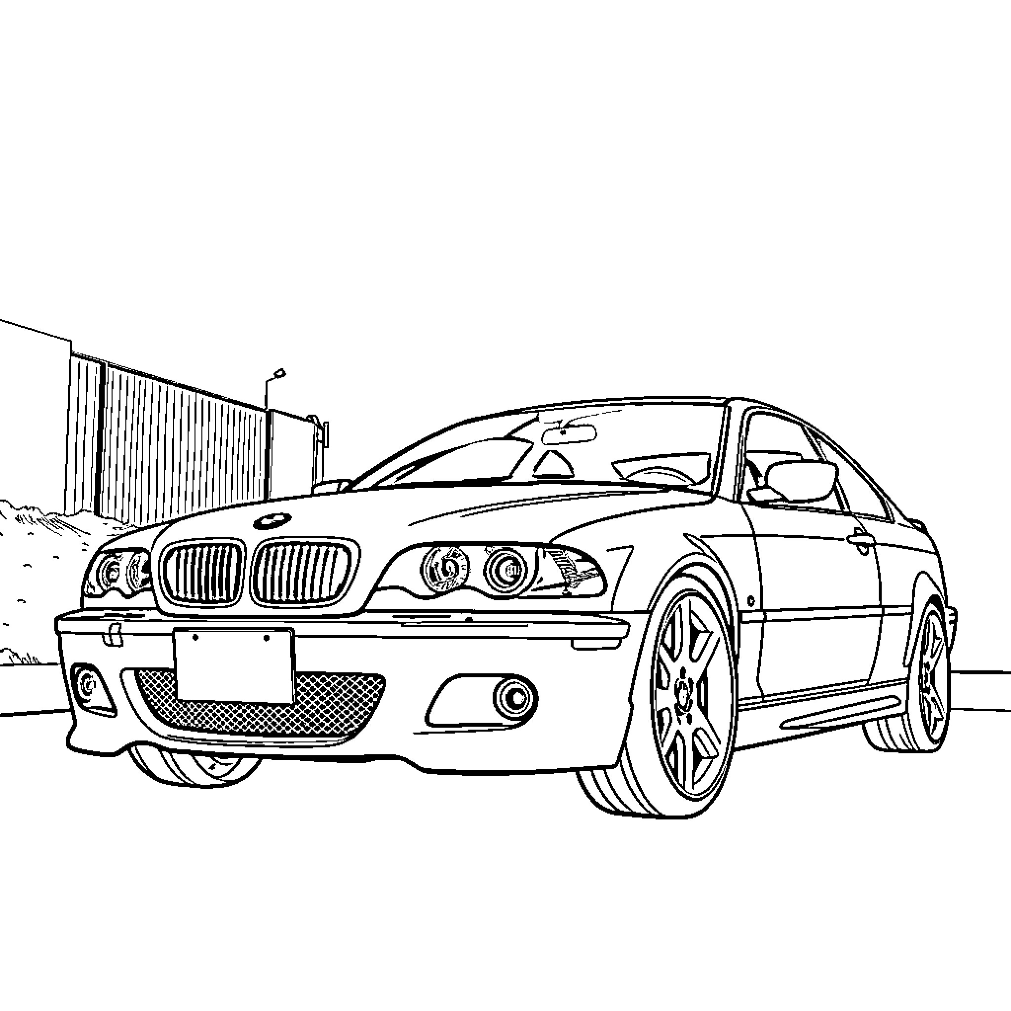 BMW E46 sports car in urban setting Coloring Page (free black-and-white line drawing printable PDF for all, from beginners to advanced learners, including children, teens, adults, and seniors)