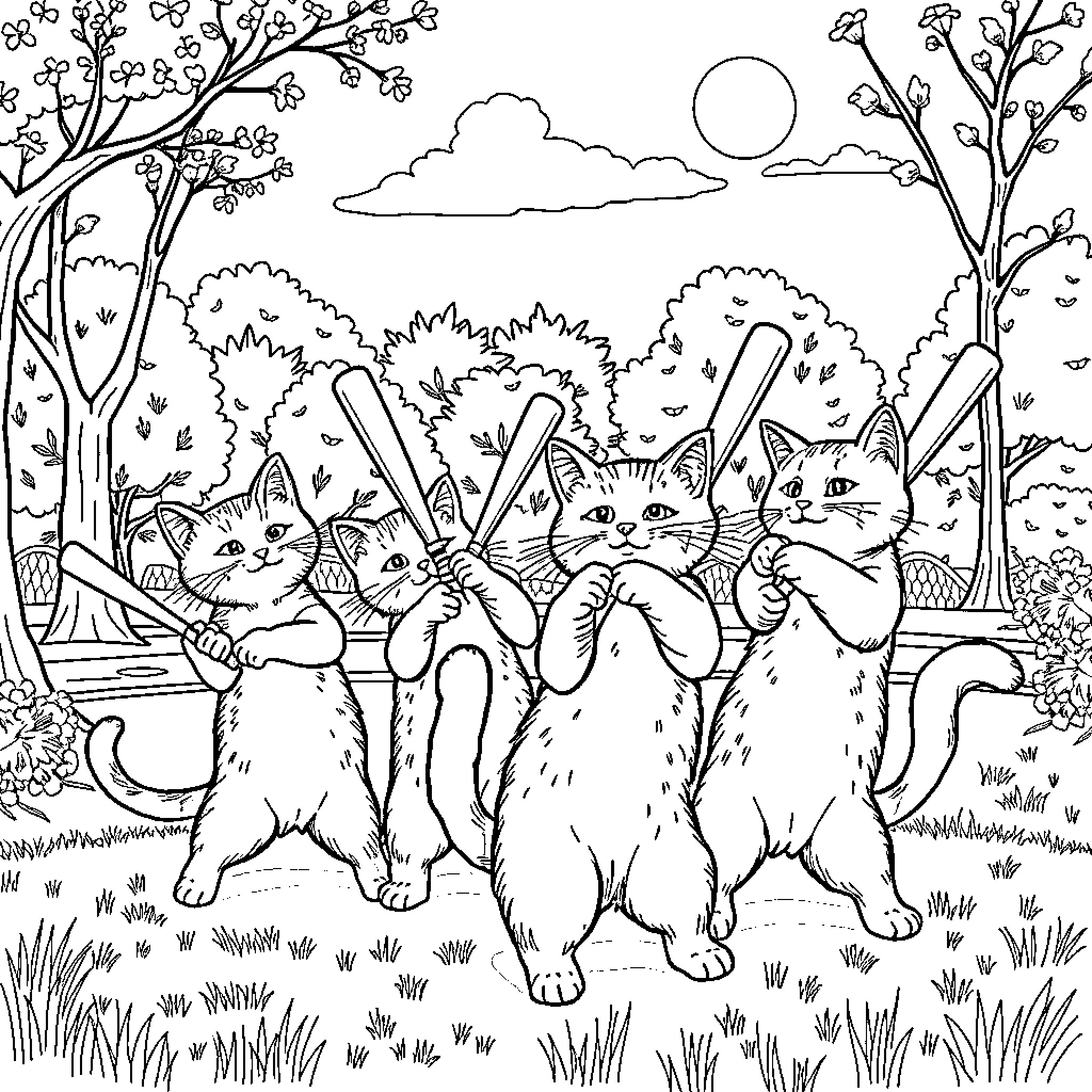 Cat Gathering in a Peaceful Garden Coloring Page (free black-and-white line drawing printable PDF for all, from beginners to advanced learners, including children, teens, adults, and seniors)