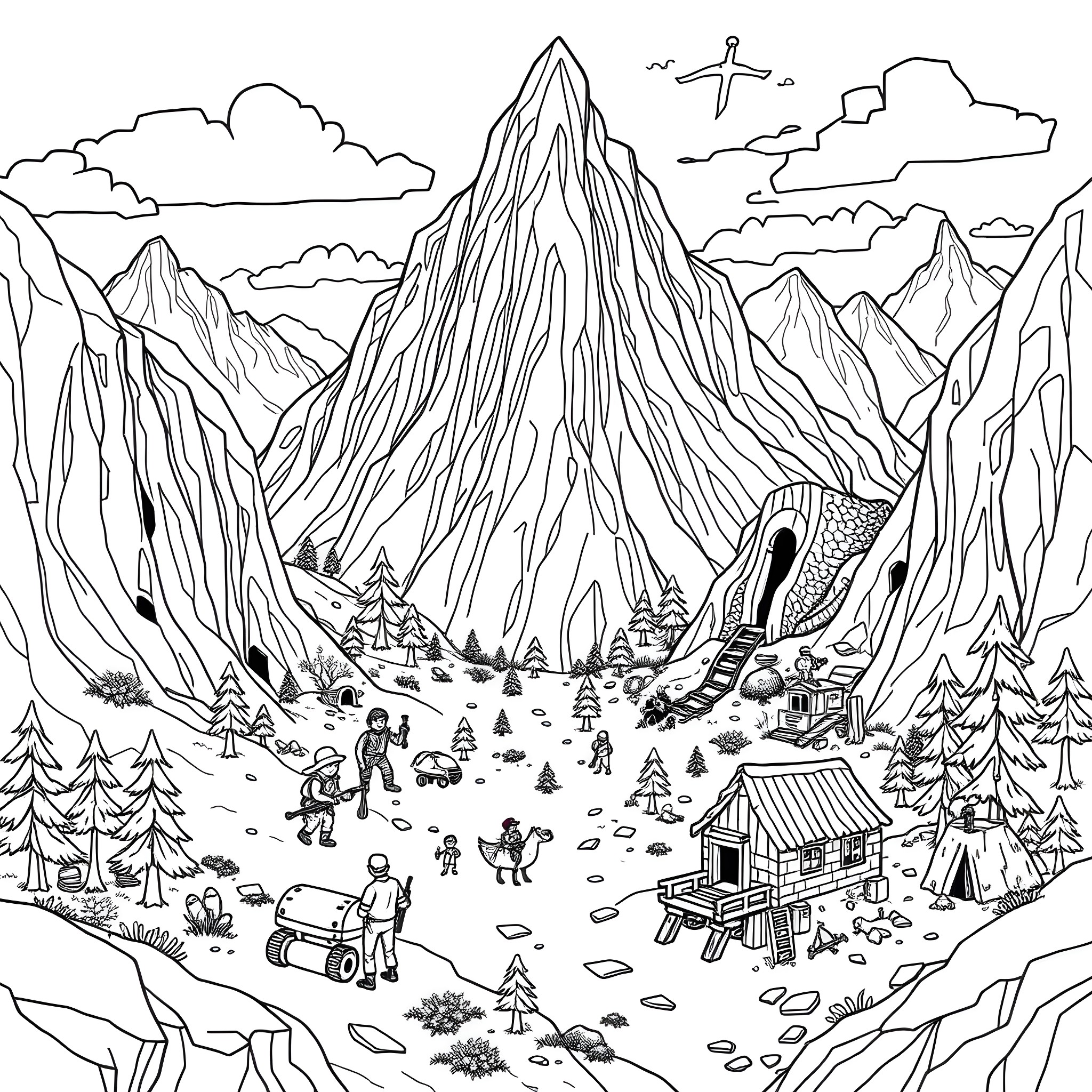 Minecraft explorers traversing a rugged mountain landscape Coloring Page (free black-and-white line drawing printable PDF for all, from beginners to advanced learners, including children, teens, adults, and seniors)