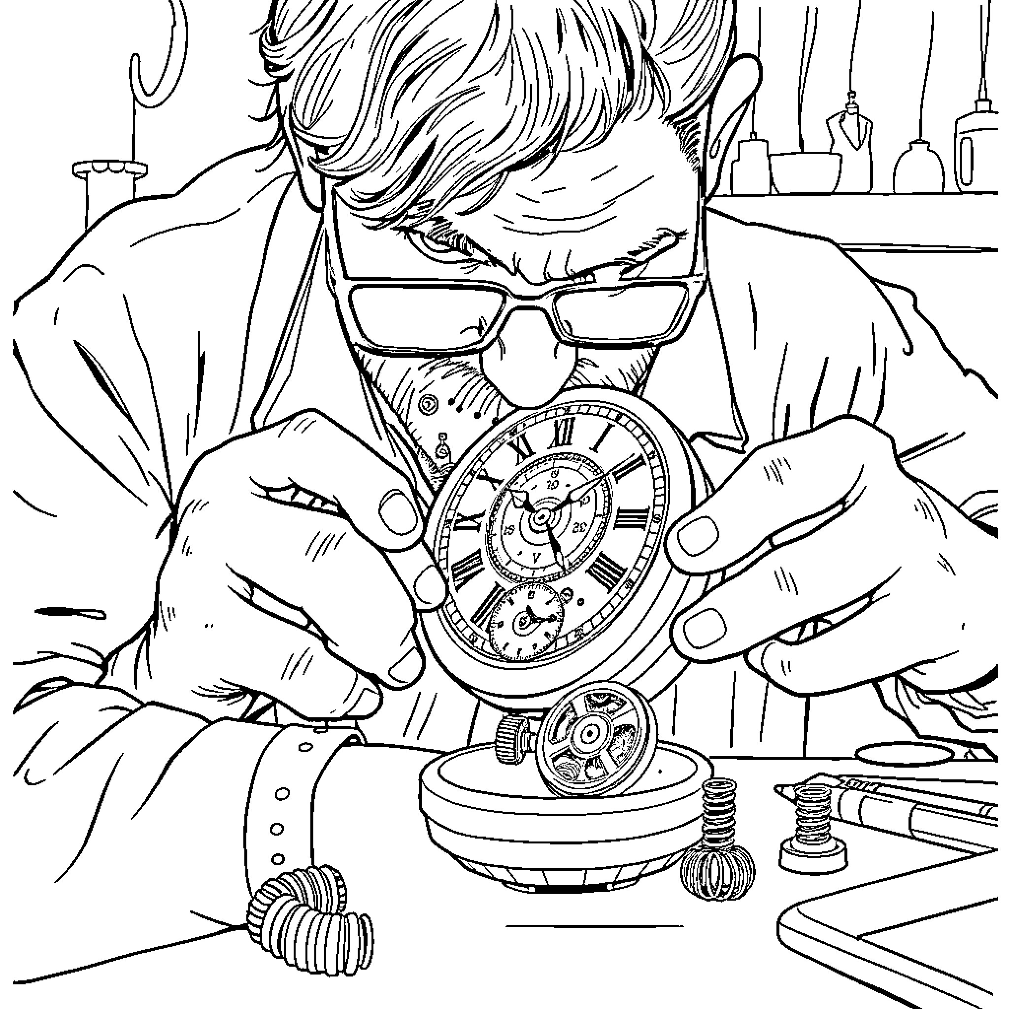 Watch Watchmaking in Process Coloring Page (free black-and-white line drawing printable PDF for all, from beginners to advanced learners, including children, teens, adults, and seniors)