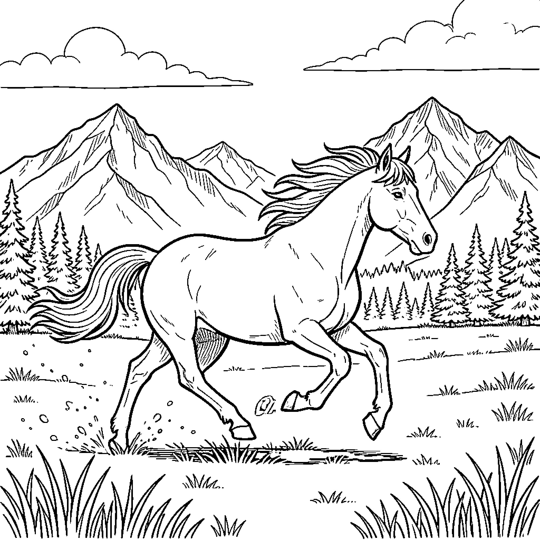 Frisia Horse galloping through a mountain meadow Coloring Page (free black-and-white line drawing printable PDF for all, from beginners to advanced learners, including children, teens, adults, and seniors)