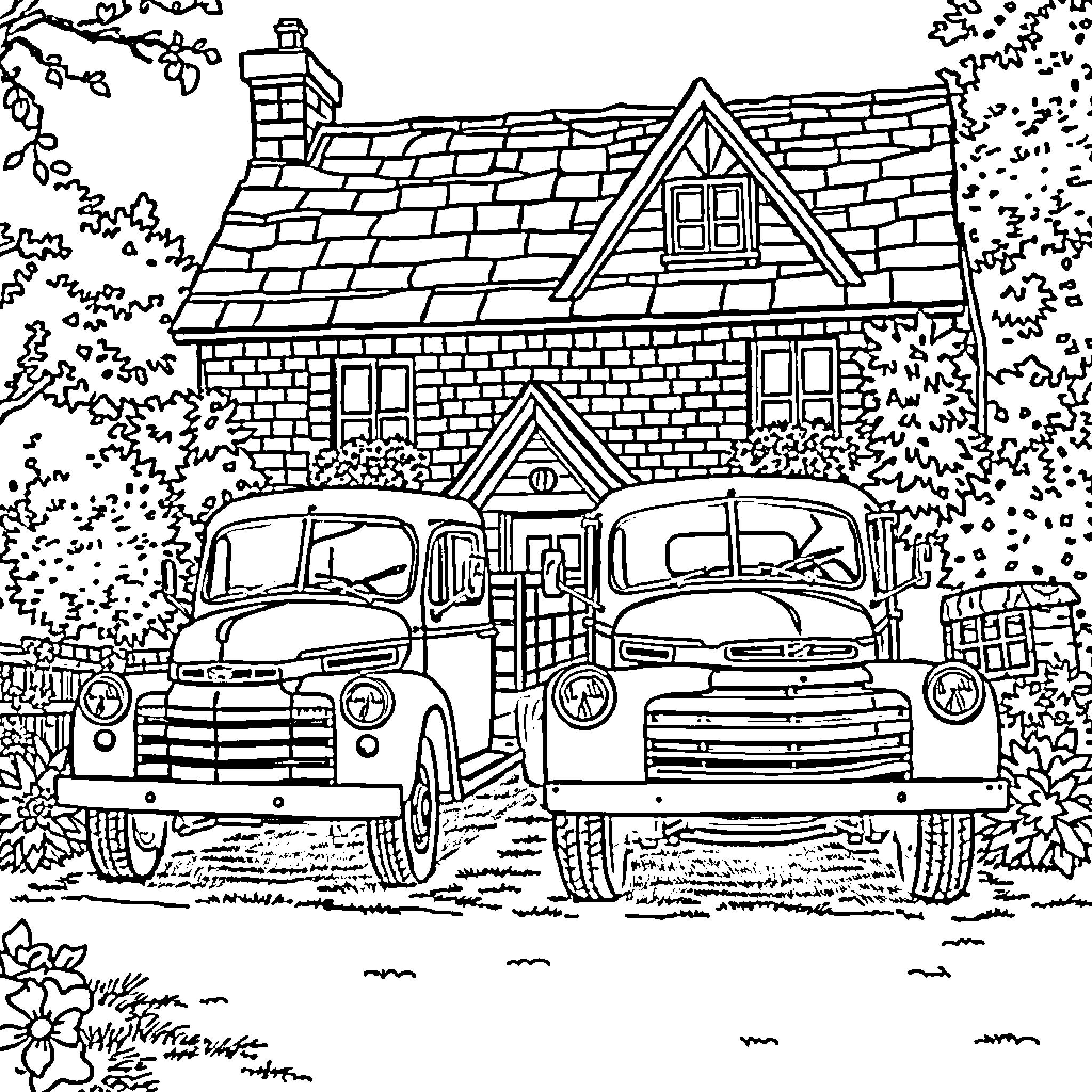 Truck parked in front of a vintage house Coloring Page (free black-and-white line drawing printable PDF for all, from beginners to advanced learners, including children, teens, adults, and seniors)