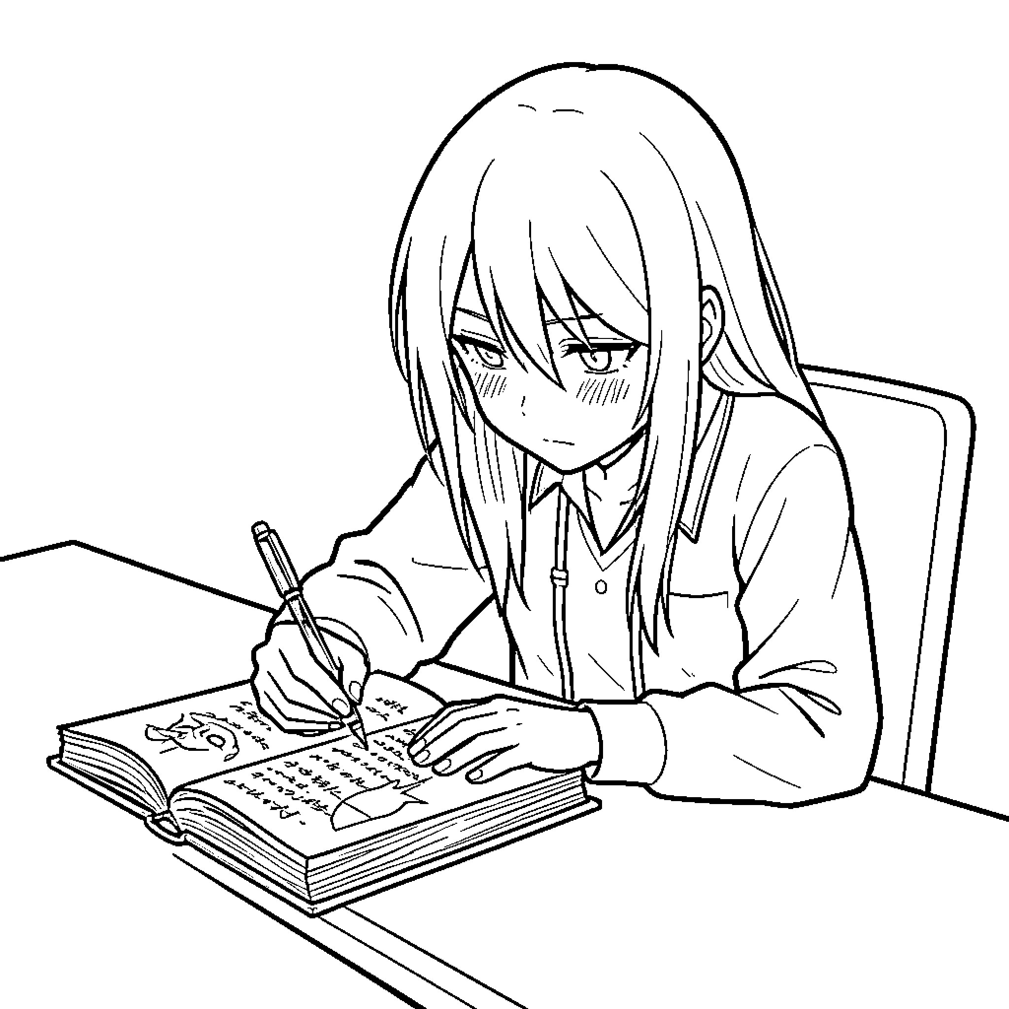 Kira studying diligently at her desk Coloring Page (free black-and-white line drawing printable PDF for all, from beginners to advanced learners, including children, teens, adults, and seniors)