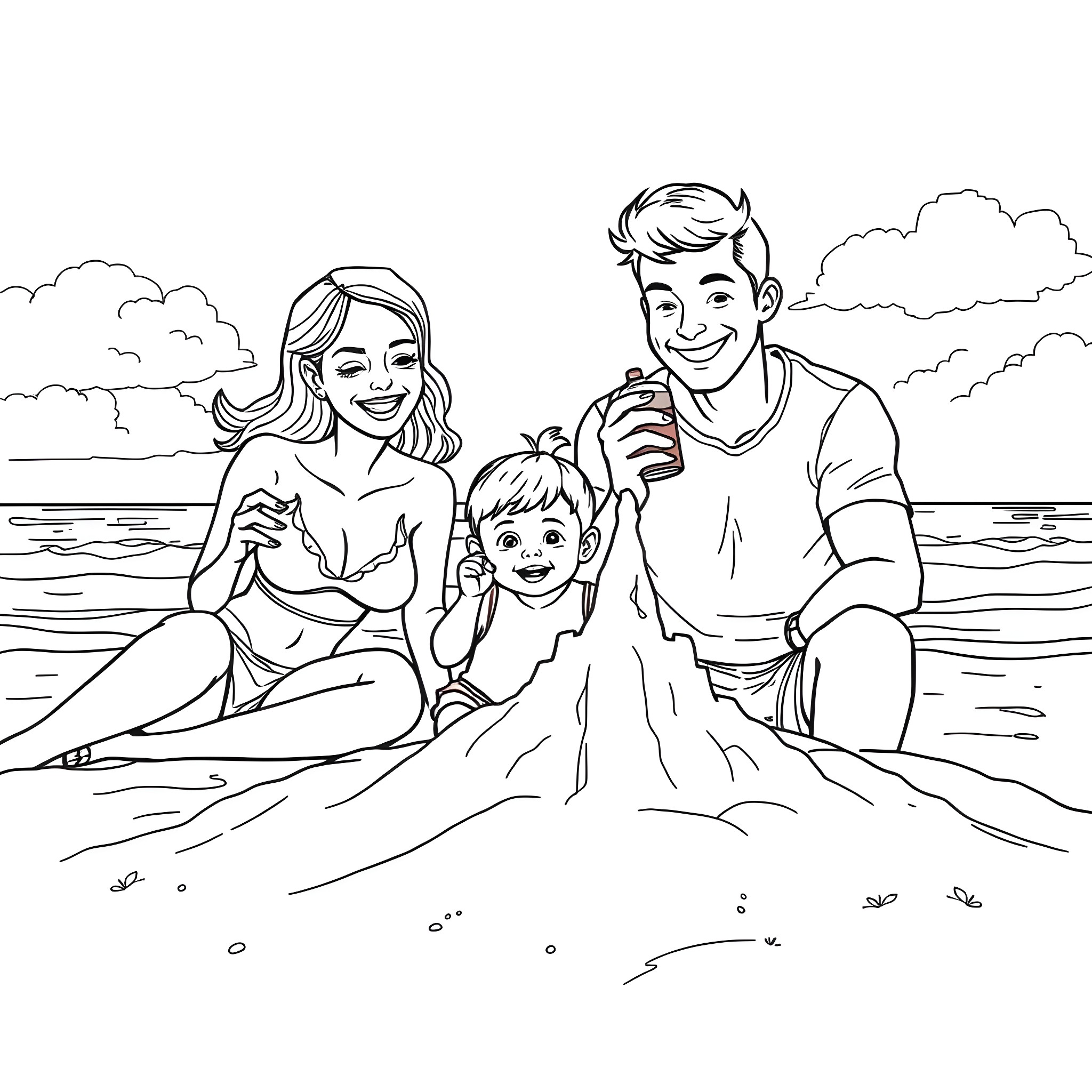 Beach family enjoying quality time together Coloring Page (free black-and-white line drawing printable PDF for all, from beginners to advanced learners, including children, teens, adults, and seniors)
