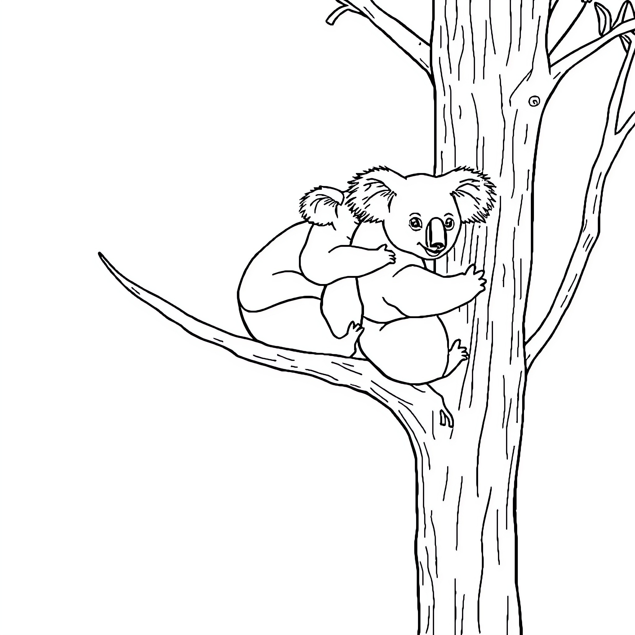 Koala resting peacefully on tree branch Coloring Page (free black-and-white line drawing printable PDF for all, from beginners to advanced learners, including children, teens, adults, and seniors)