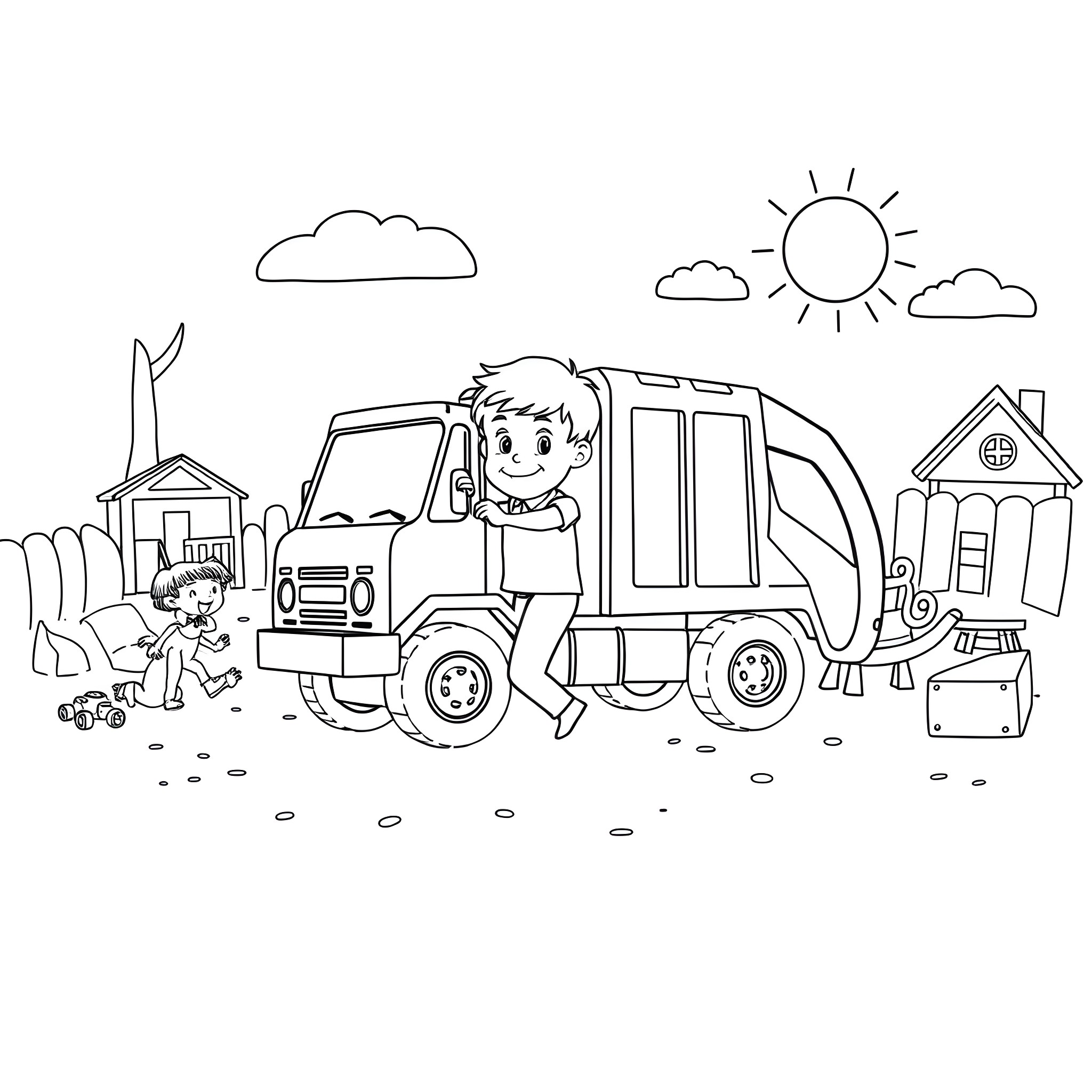 Garbage Truck Collecting Waste in a Neighborhood Coloring Page (free black-and-white line drawing printable PDF for all, from beginners to advanced learners, including children, teens, adults, and seniors)