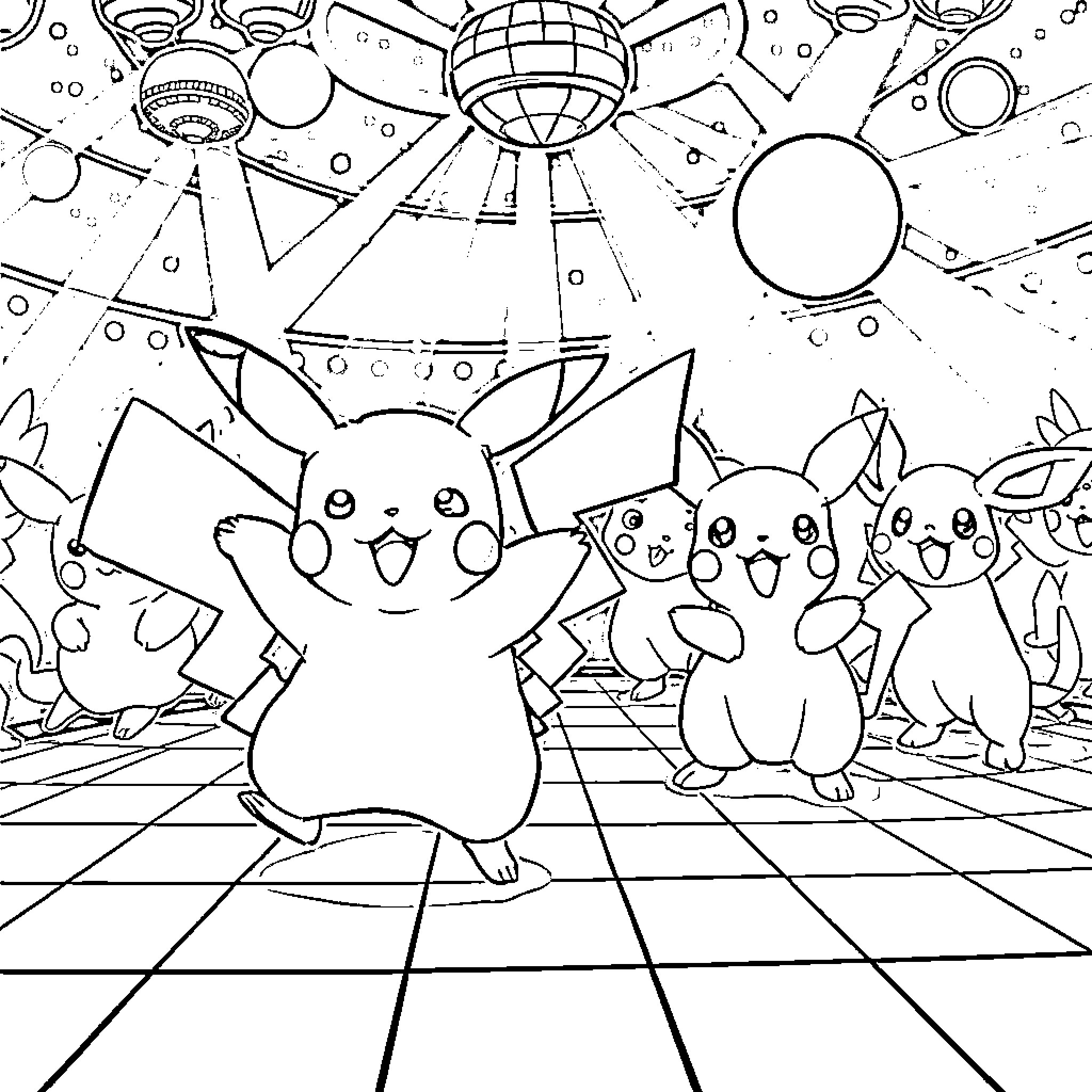Pikachu and Friends in a Colorful Cosmic Scene Coloring Page (free black-and-white line drawing printable PDF for all, from beginners to advanced learners, including children, teens, adults, and seniors)