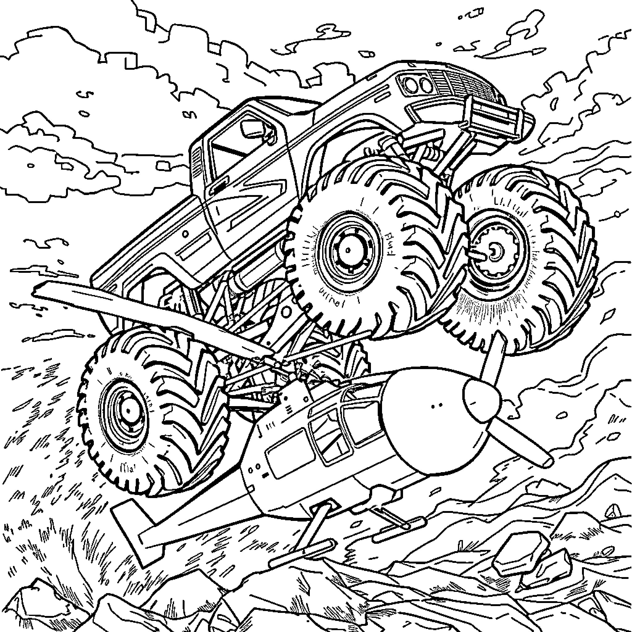 Monster Truck Crushing Through Debris Coloring Page (free black-and-white line drawing printable PDF for all, from beginners to advanced learners, including children, teens, adults, and seniors)