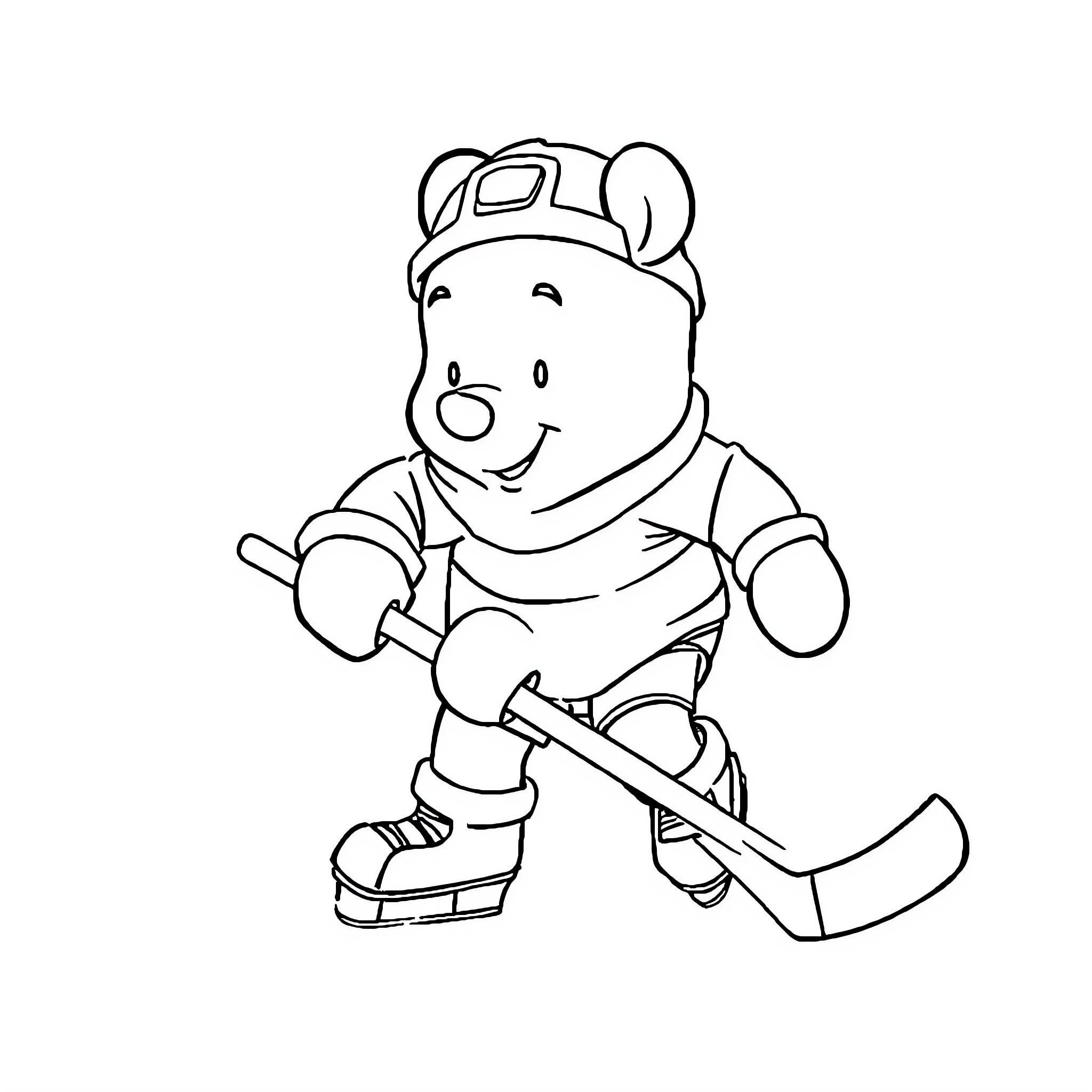 Winnie playing with hockey equipment Coloring Page (free black-and-white line drawing printable PDF for all, from beginners to advanced learners, including children, teens, adults, and seniors)