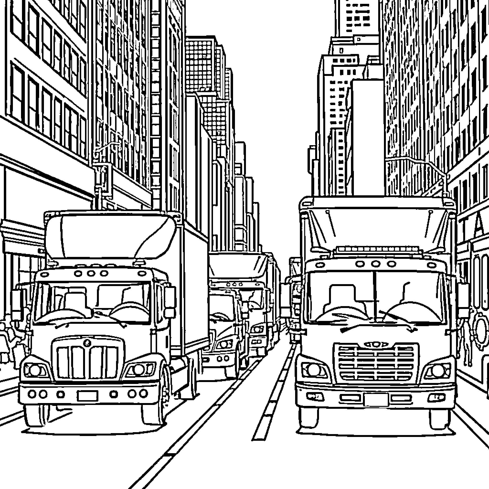 Truck traffic in bustling city streets Coloring Page (free black-and-white line drawing printable PDF for all, from beginners to advanced learners, including children, teens, adults, and seniors)